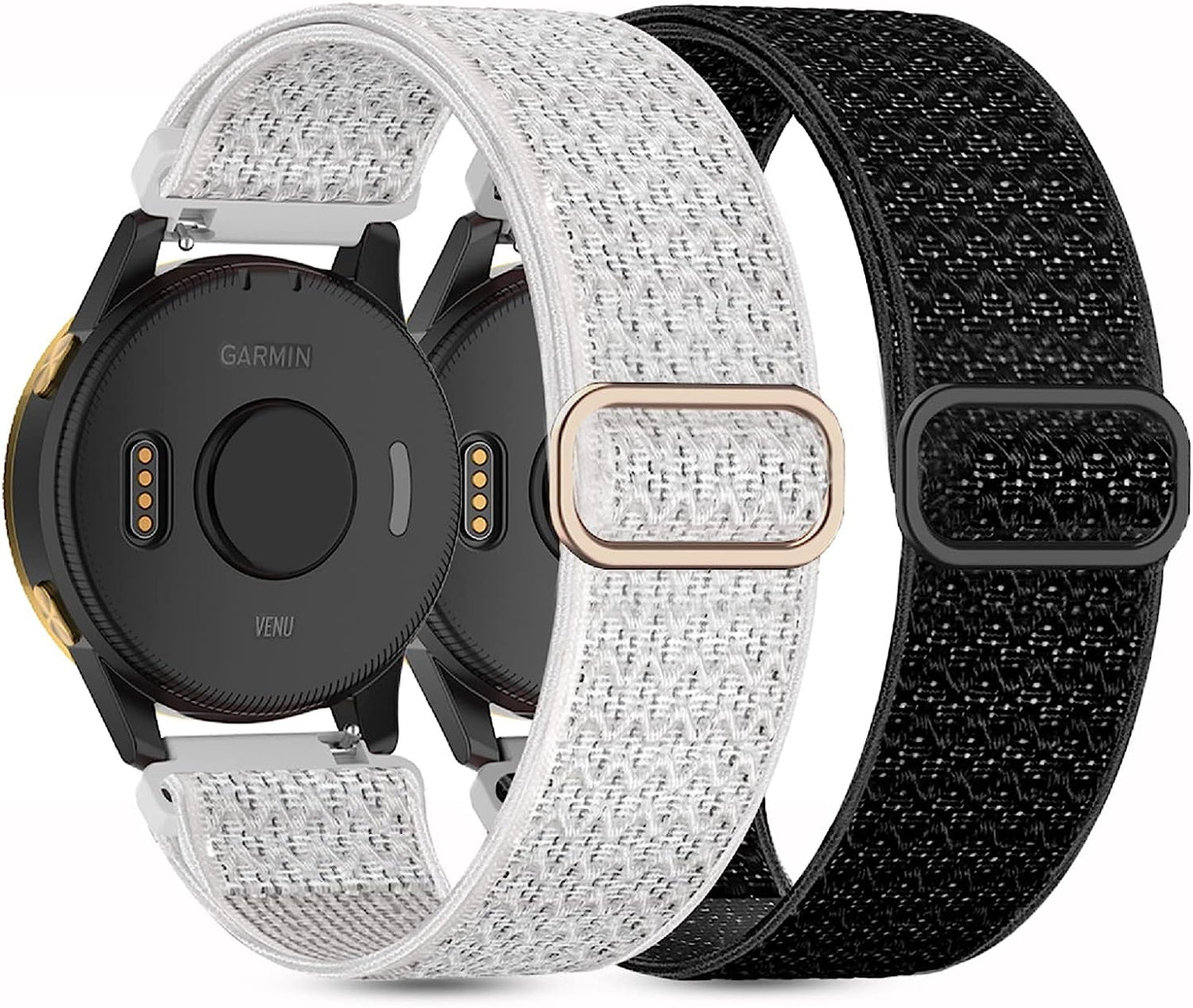 2 Pack Stretchy Nylon Watch Bands Compatible with Garmin Venu/Venu Sq, 20Mm Loop Elastic Straps for Garmin Vivoactive 3,Venu 2 Plus/Venu Sq 2,Forerunner 645/55/245 Music for Women Men.  Kollody Black/White  