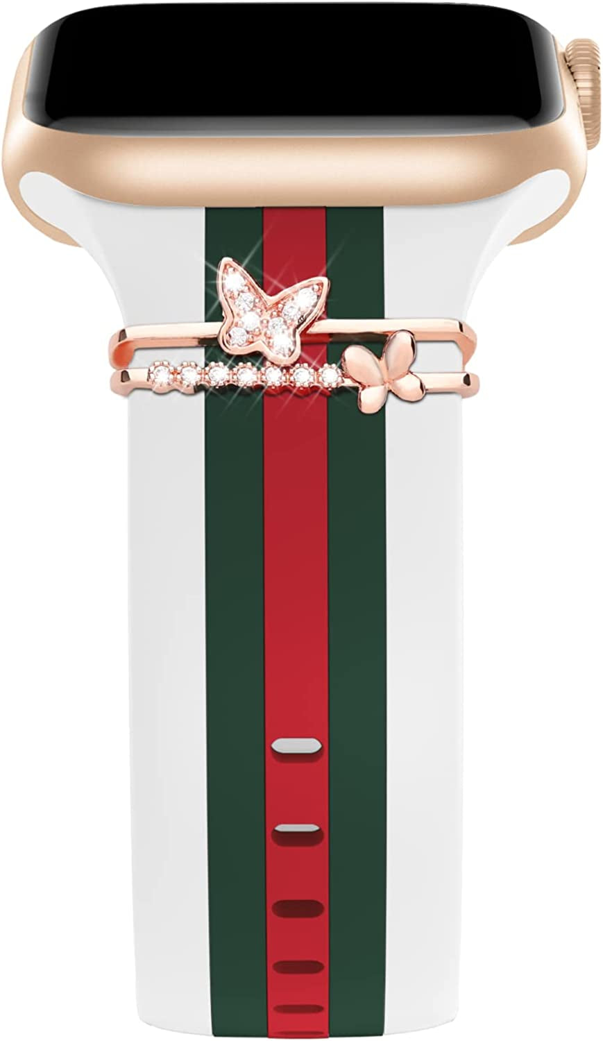 Designer Band with Charms Decor Compatible with Apple Watch Band 38Mm 40Mm 41Mm 42Mm 44Mm 45Mm 49Mm Women Men, Stylish Silicone Sport Wristbands for Iwatch Series 8 7 6 5 4 3 2 1 SE Ultra  Bagoplus White/Green/Red-Dou-Butterfiy 42mm/44mm/45mm/49mm 