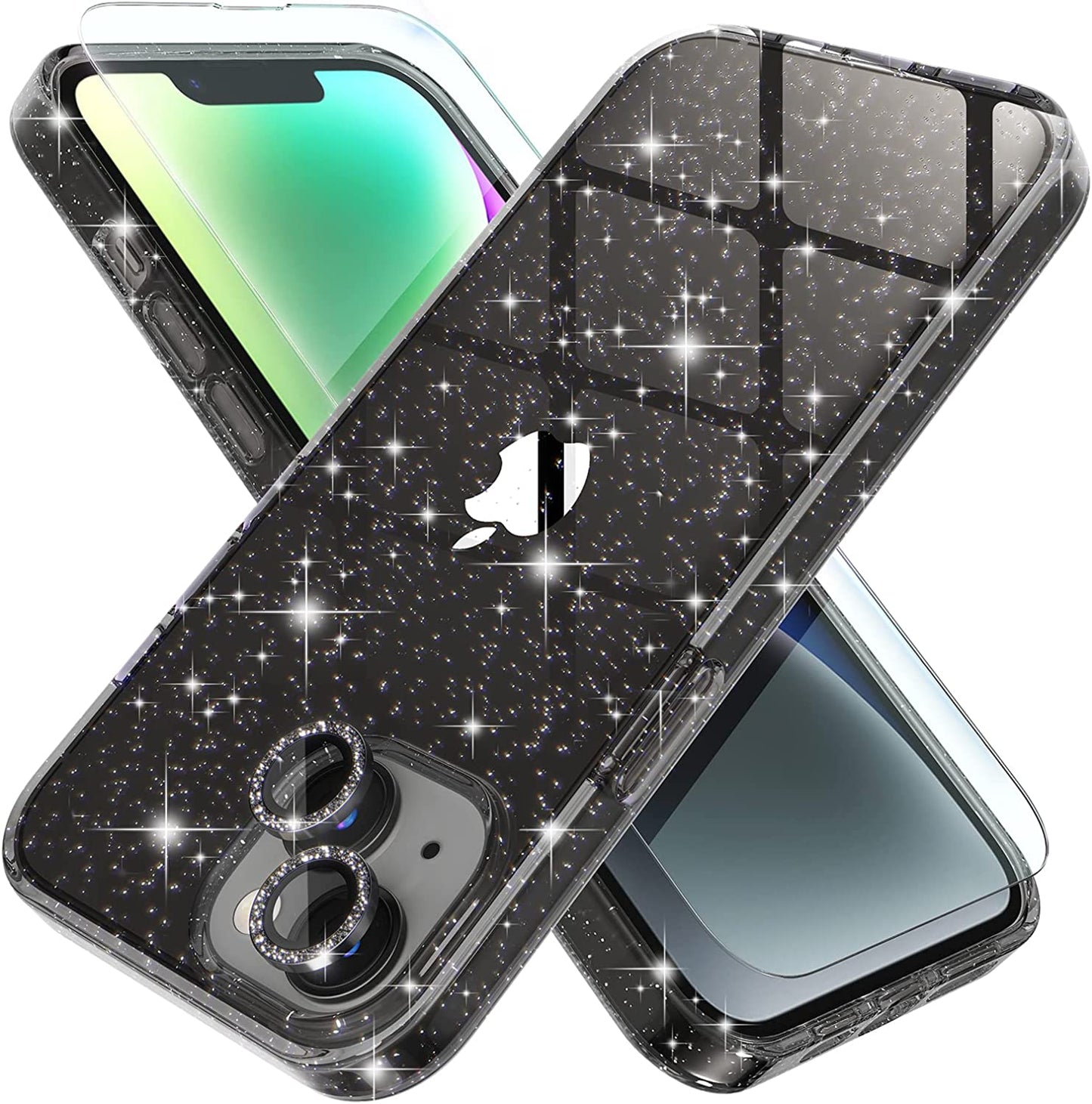 Choiche for Iphone 14 Pro Max Case with 360° Rotatable Ring Stand, Women Luxury Bling Plating Soft Silicone Case, [3 X Camera Lens Protectors] [2 X Tempered Glass Screen Protectors] (Lavender)  Choiche Glitter Black iPhone 14 