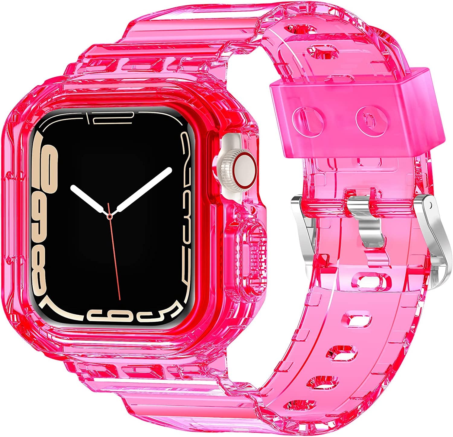 XYF Compatible for Crystal Clear Apple Watch Bands, 45Mm 44Mm 42Mm 41Mm 40Mm 38Mm 49Mm with Bumper Case for Men Women Jelly Sport Case and Band for Iwatch Ultra Series 8 7 SE/6 5 4 3 2 1  XYF Fluorescent Pink 42/44/45mm 