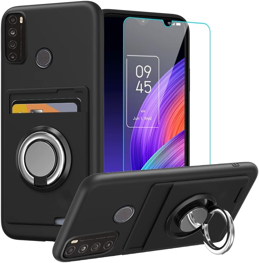 Anneey for Oneplus 11 5G Phone Case with Tempered Glass Screen Protector, Card Holder with Ring Stand Case for 1+ 11 5G Cover - Black  Anneey   