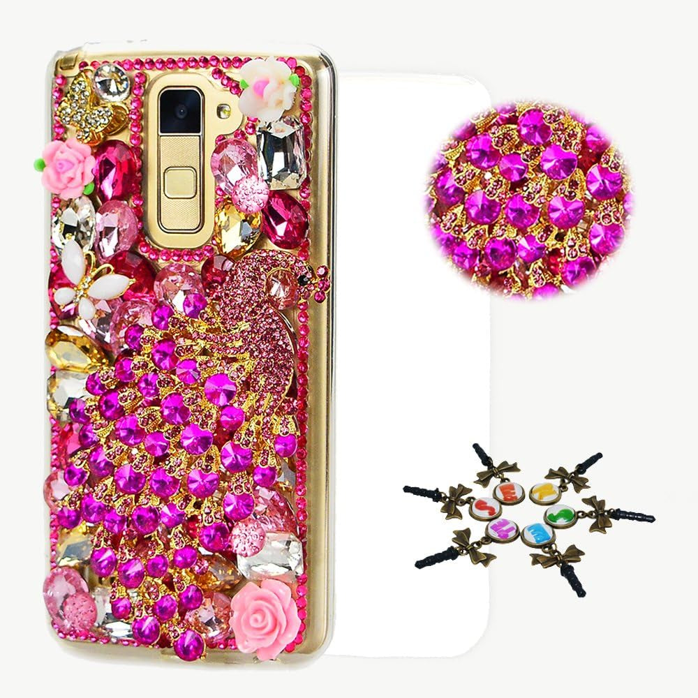 STENES LG G7 Case, LG G7 Thinq Case - STYLISH - 100+ Bling Crystal - 3D Handmade Bling Fan Chain Tassel Flowers Design Protective Cover Case for LG G7 Thinq  STENES Luxury Peacock Butterfly Flowers / Hot Pink  