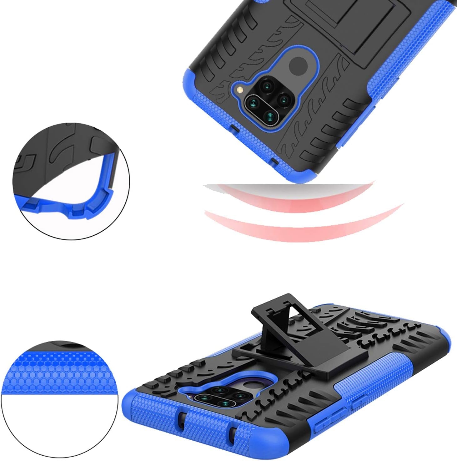 Phone Case for Xiaomi Redmi Note 9 with Tempered Glass Screen Protector Cover and Stand Kickstand Hard Rugged Hybrid Protective Cell Accessories Xiami Xiomis Xiome Redme Note9 4G Cases Men Black Blue  Asuwish   