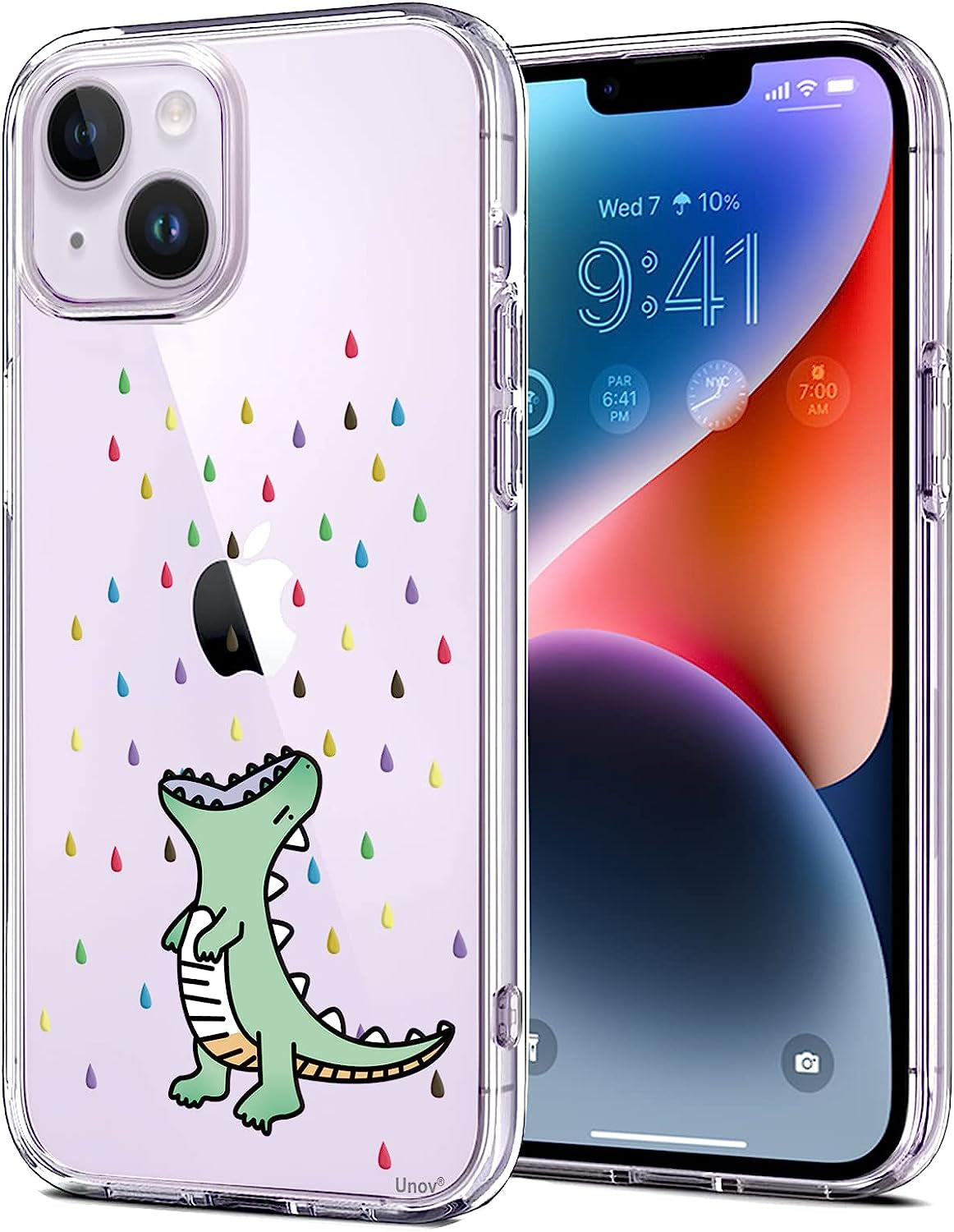 Unov Case Compatible with Iphone 14 plus Case Clear with Design Embossed Pattern Soft TPU Bumper Slim Protective 6.7 Inch (Great Wave)  Unov Rainbow Dinosaur  