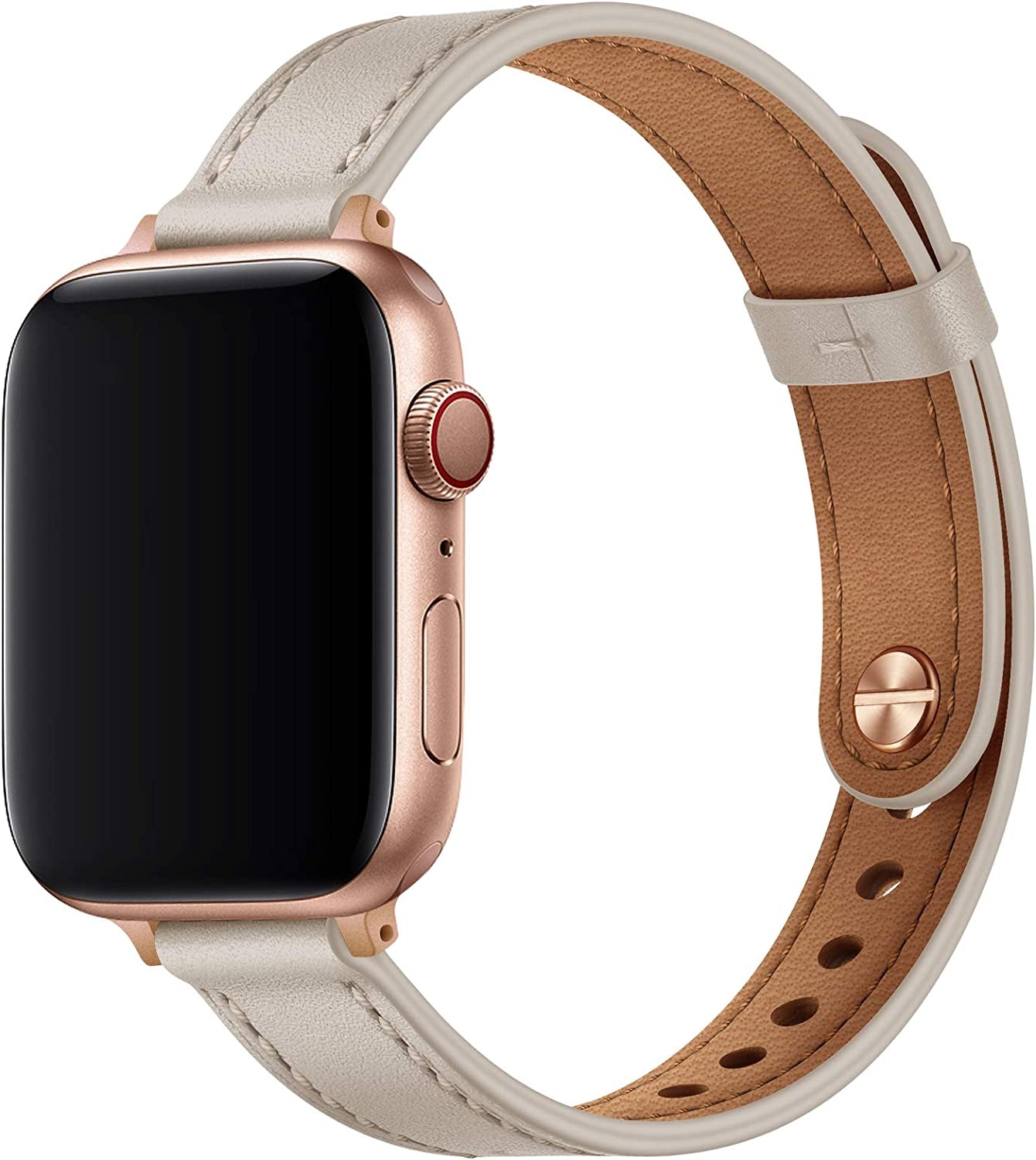 OUHENG Slim Band Compatible with Apple Watch Band 41Mm 40Mm 38Mm, Women Genuine Leather Band Replacement Thin Strap for Iwatch SE SE2 Series 8 7 6 5 4 3 2 1 (Brown/Rose Gold, 41Mm 40Mm 38Mm)  OUHENG Ivory White/Rose Gold 41mm/40mm/38mm 