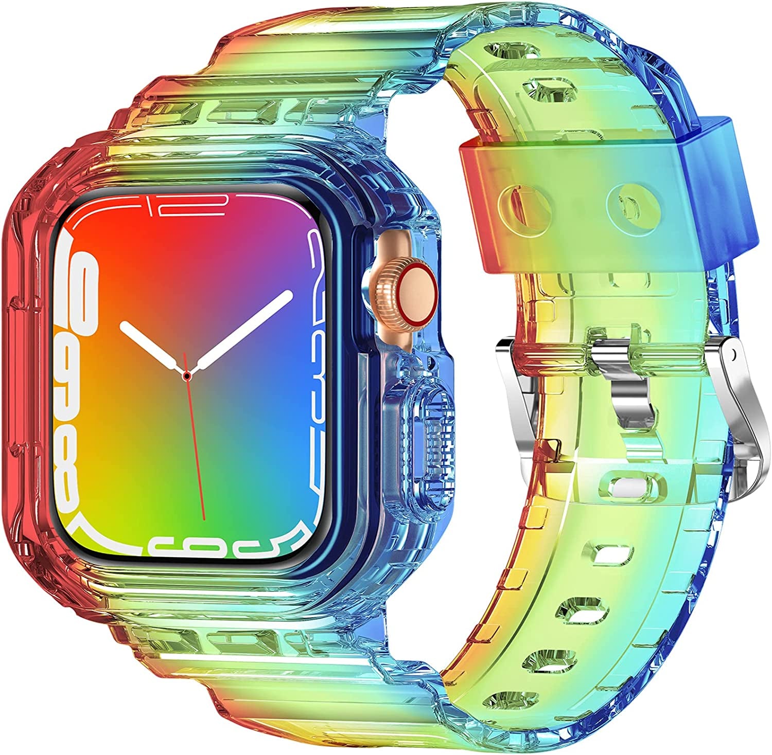 XYF Compatible for Crystal Clear Apple Watch Bands, 45Mm 44Mm 42Mm 41Mm 40Mm 38Mm 49Mm with Bumper Case for Men Women Jelly Sport Case and Band for Iwatch Ultra Series 8 7 SE/6 5 4 3 2 1  XYF Rainbow 42/44/45mm 