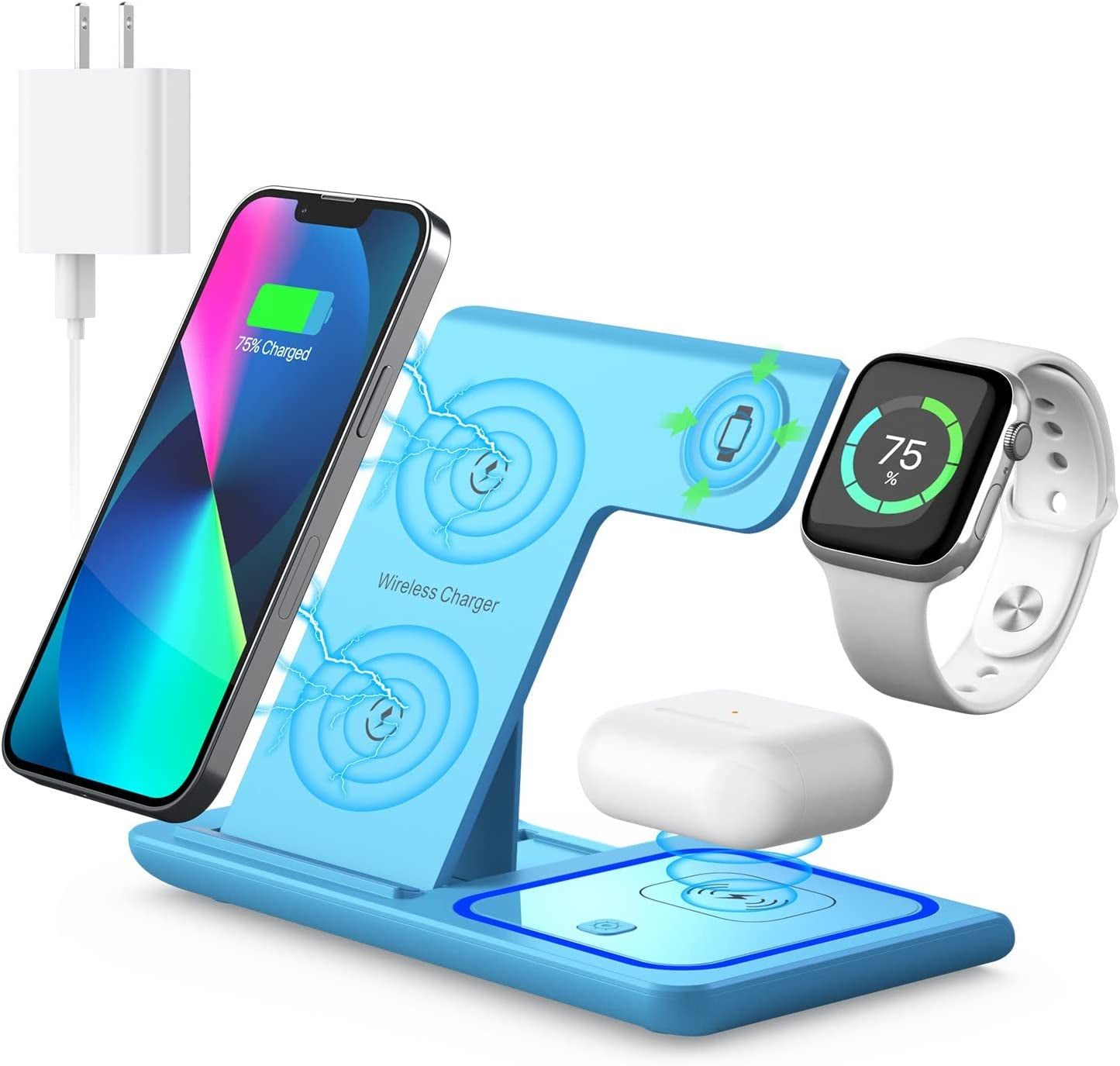 Wireless Charger, 3 in 1 Wireless Charging Station, Fast Wireless Charger Stand for Iphone 14/13/12/11/Pro/Max/Xs/Xr/X/8/Plus, for Apple Watch 8/7/6/5/4/3/2/SE, for Airpods 3/2/Pro(Black)  YOXINTA Blue  