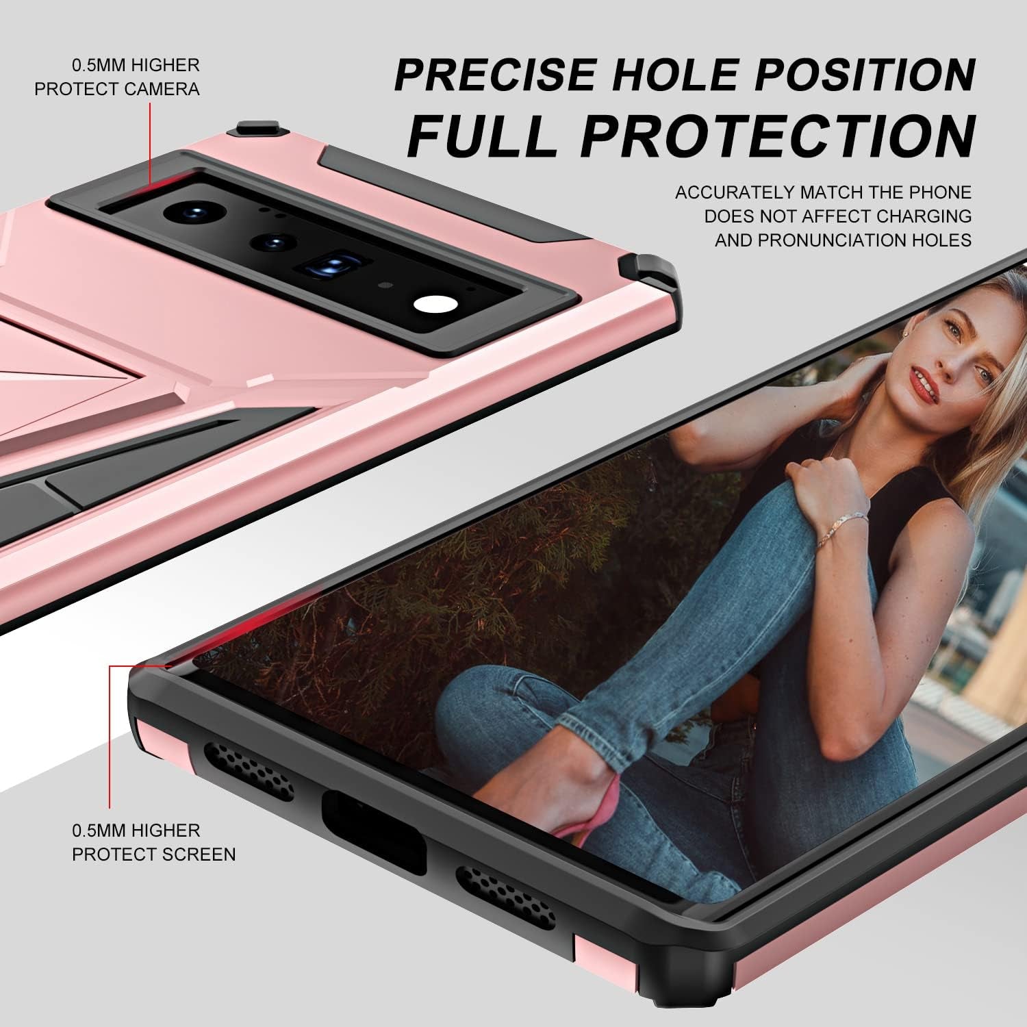 For Pixel 6 Pro Case with Tempered Glass Screen Protector [Support Fingerprint Unlocked] Military Grade Drop Tested Protective Cover with Built-In Magnetic Kickstand for Google Pixel 6 Pro Case -Pink  Leweizz   