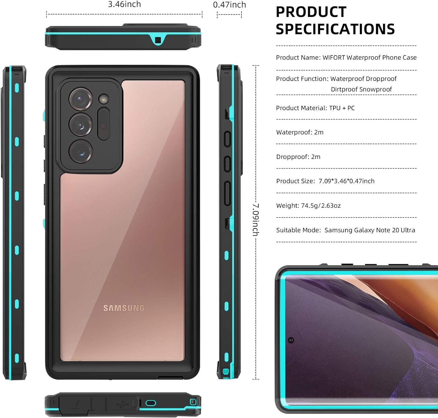 WIFORT for Samsung Galaxy Note 20 Ultra Waterproof Case Built-In Screen Protector Water Resistant Cover Protective Drop Protection Hard, Shockproof Full Body Case for Samsung Note 20 Ultra 5G, Teal  WIFORT   