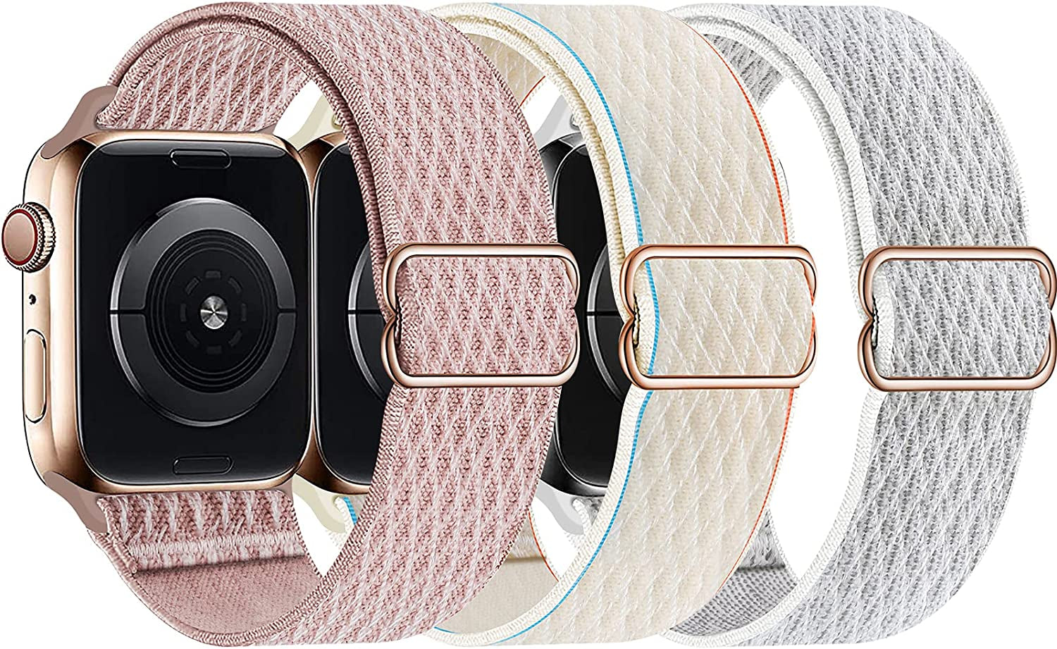 Swhatty Stretchy Nylon Solo Loop Bands Compatible with Apple Watch 41Mm 40Mm 38Mm, Adjustable Braided Sport Elastics Women Men Strap for Iwatch Series 8 7 6 5 4 3 2 1 SE (Black, Rose Pink, Cream)  Swhatty Rose Pink/Cream/Summit White 38mm/40mm/41mm 