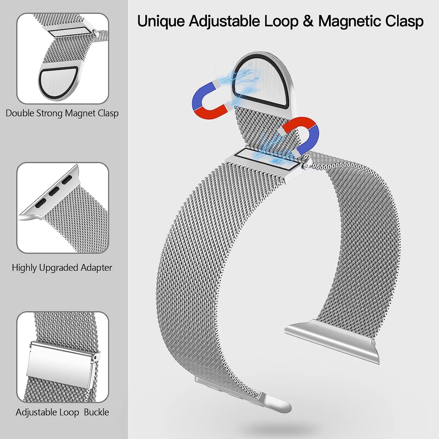 OHOTLOVE Metal Magnetic Bands Compatible with Apple Watch Band 38Mm 40Mm 41Mm 42Mm 44Mm 45Mm 49Mm Women Men, Stainless Steel Mesh Magnetic Strap for Iwatch Series Ultra/8/7/6/5/4/3/2/1/Se Silver S  OHOTLOVE   
