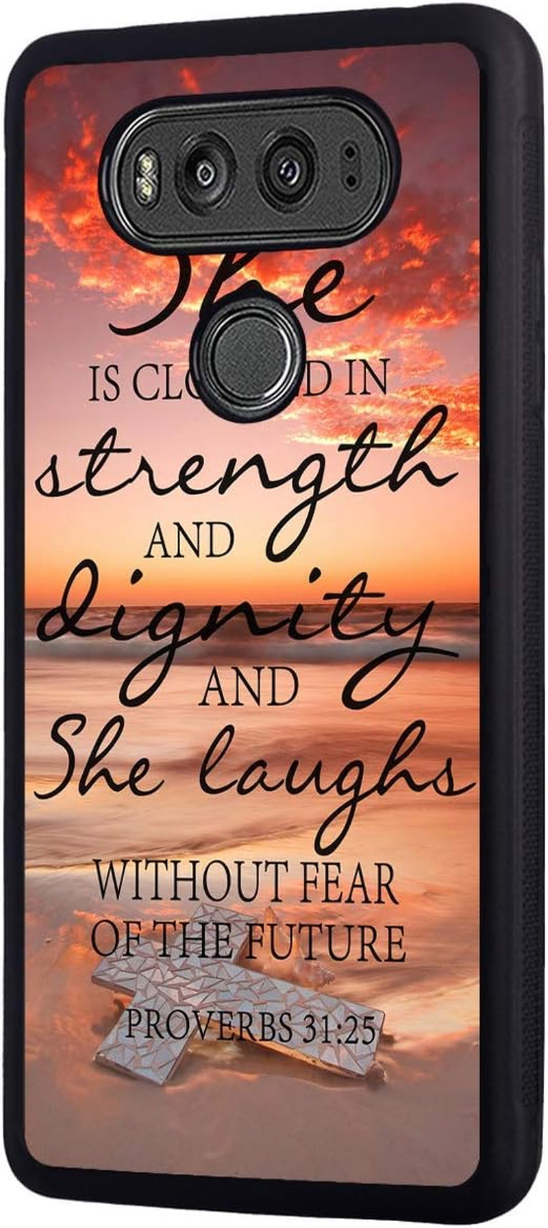 Case for LG V30, Sunset Beach Cross Bible Verse Proverbs 31:25 Design Slim Impact Resistant Shock-Absorption Rubber Protective Case Cover for LG V30/LG V30 Plus/Lg V30S/Lg V35/LG V35 Thinq  Log Zog   