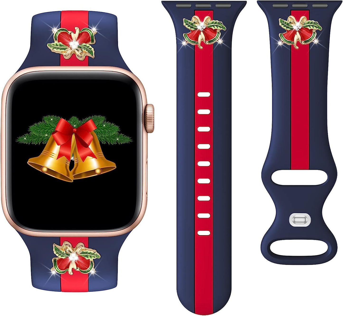 Designer Sport Band Compatible with Apple Watch Iwatch Bands 38Mm 40Mm 41Mm 42Mm 44Mm 45Mm 49Mm Men Women, Soft Silicone Strap Wristbands for Apple Watch Series 8/7/6/5/4/3/2/1/Se/Ultra  seizehe Blue Red with christmas bell charm 38mm/40mm/41mm 