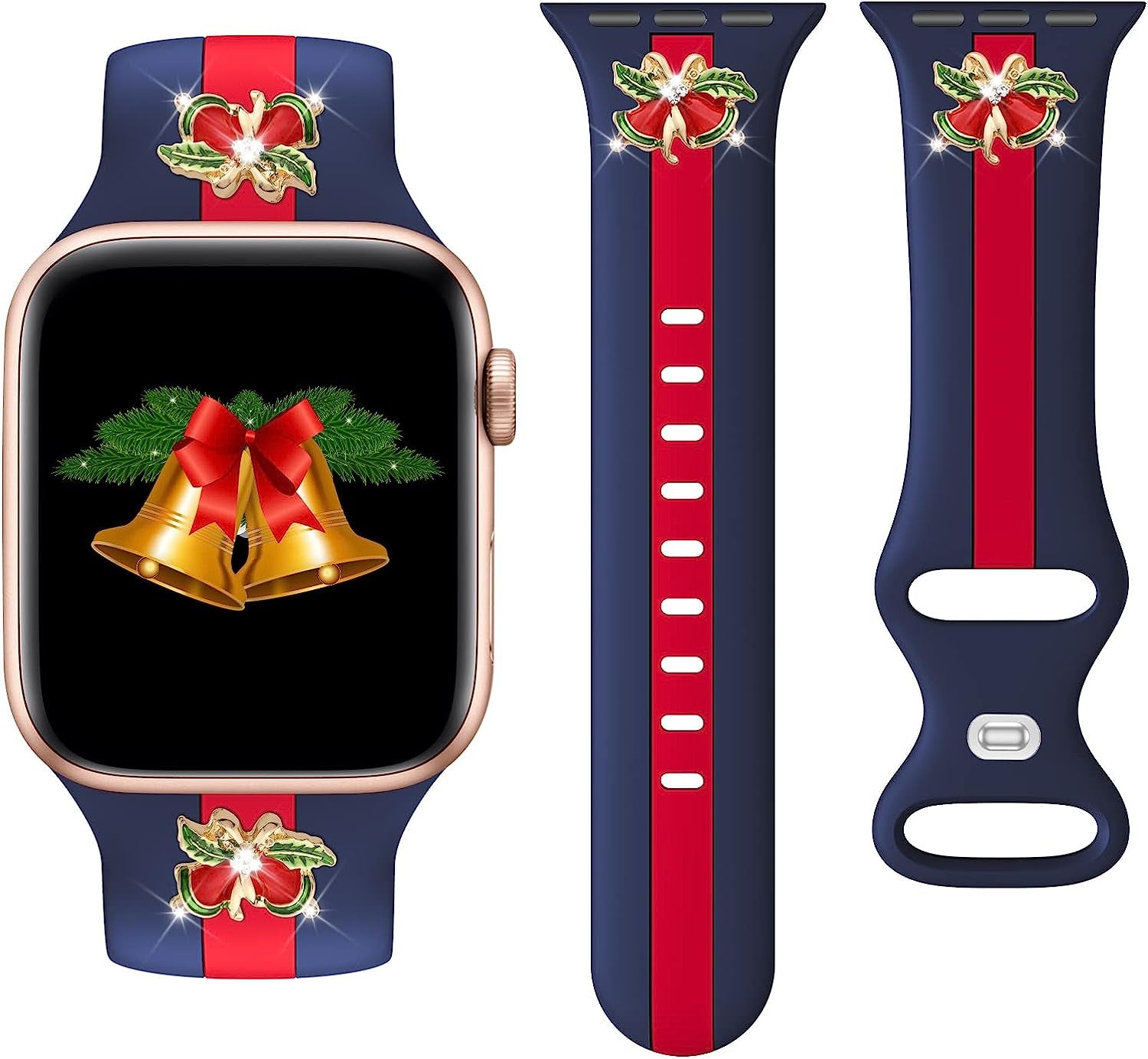 Designer Sport Band Compatible with Apple Watch Iwatch Bands 38Mm 40Mm 41Mm 42Mm 44Mm 45Mm 49Mm Men Women, Soft Silicone Strap Wristbands for Apple Watch Series 8/7/6/5/4/3/2/1/Se/Ultra  seizehe Blue Red with christmas bell charm 38mm/40mm/41mm 
