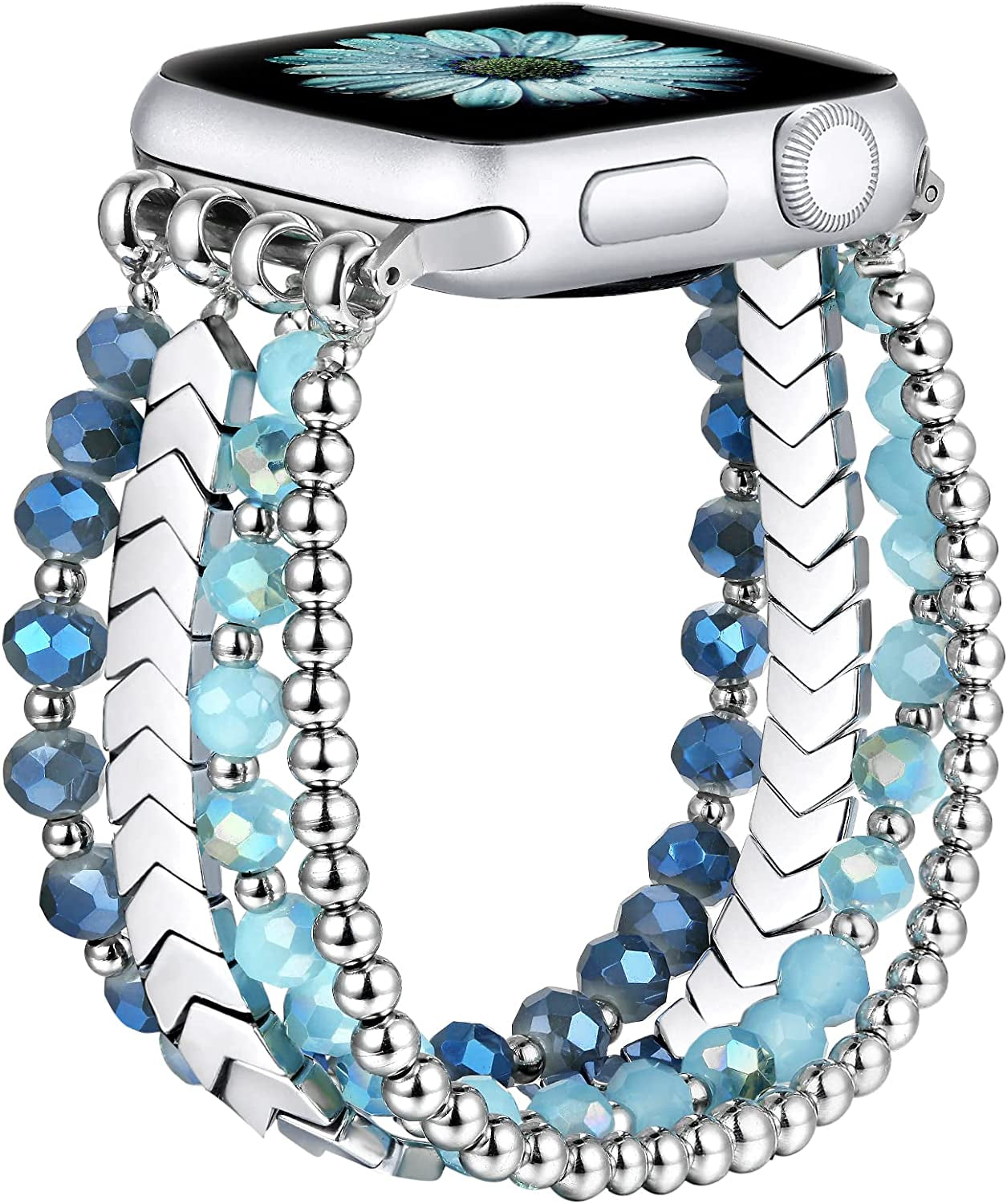 Fastgo Bracelet Band Beaded Compatible with Apple Watch 38Mm 40Mm 41Mm 42Mm 44Mm 45Mm 49Mm Women, Fashion Elastic Stretch Strap Bands for Iwatch SE &Series Ultra 8 7 6 5 4 3 2 1(Black/Sliver/Grey,S/M)  fastgo Blue/Silver 38mm/40mm/41mm-M/L(6.1”-6.9”) 