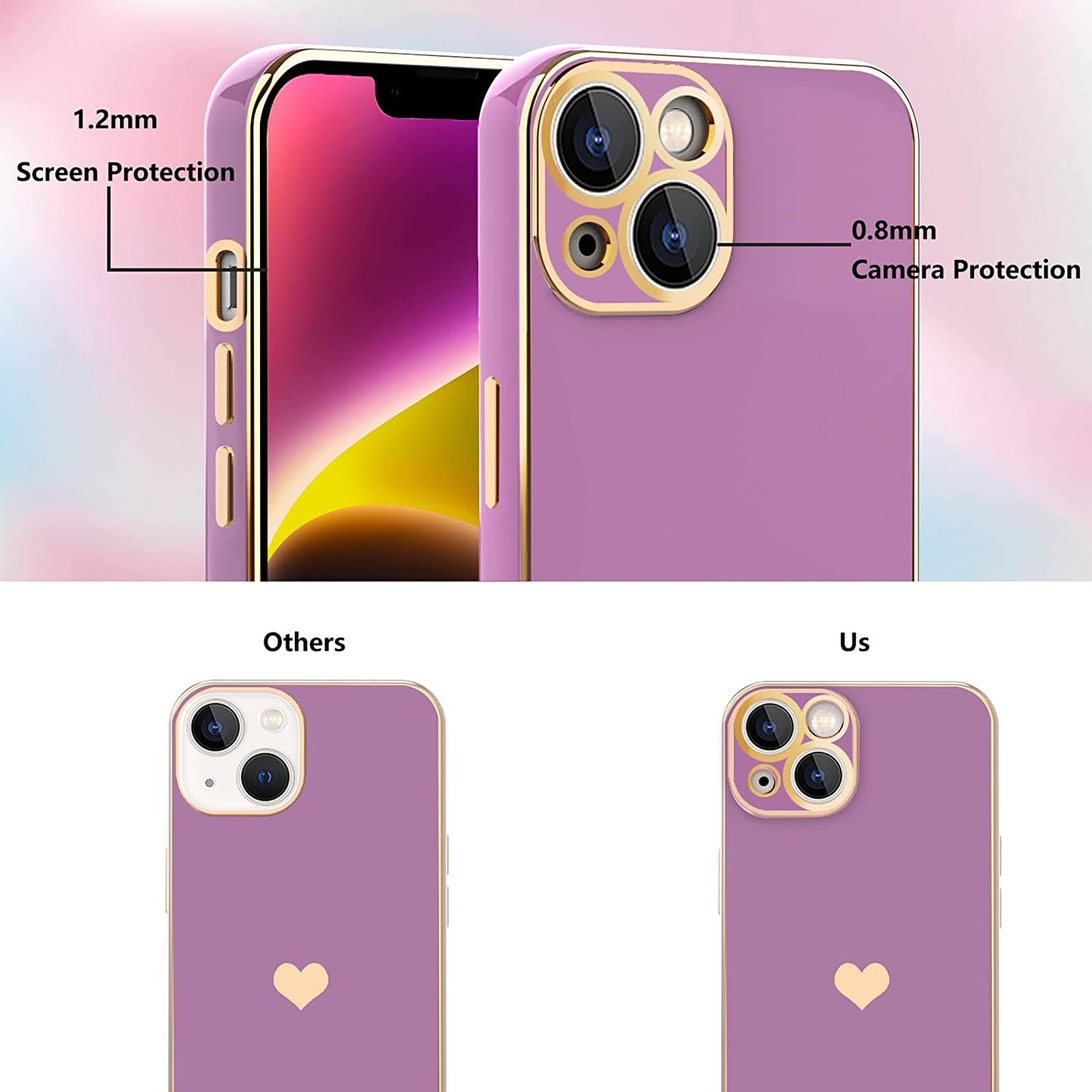 Tksafy for Iphone 14 Case, Cute Love Heart Pattern for Women Girls with Full Camera Protection, Anti-Scratch Plating Soft TPU Shockproof Bumper Phone Cover for Apple Iphone 14 6.1-Inch 2022, Lavender  Tksafy   