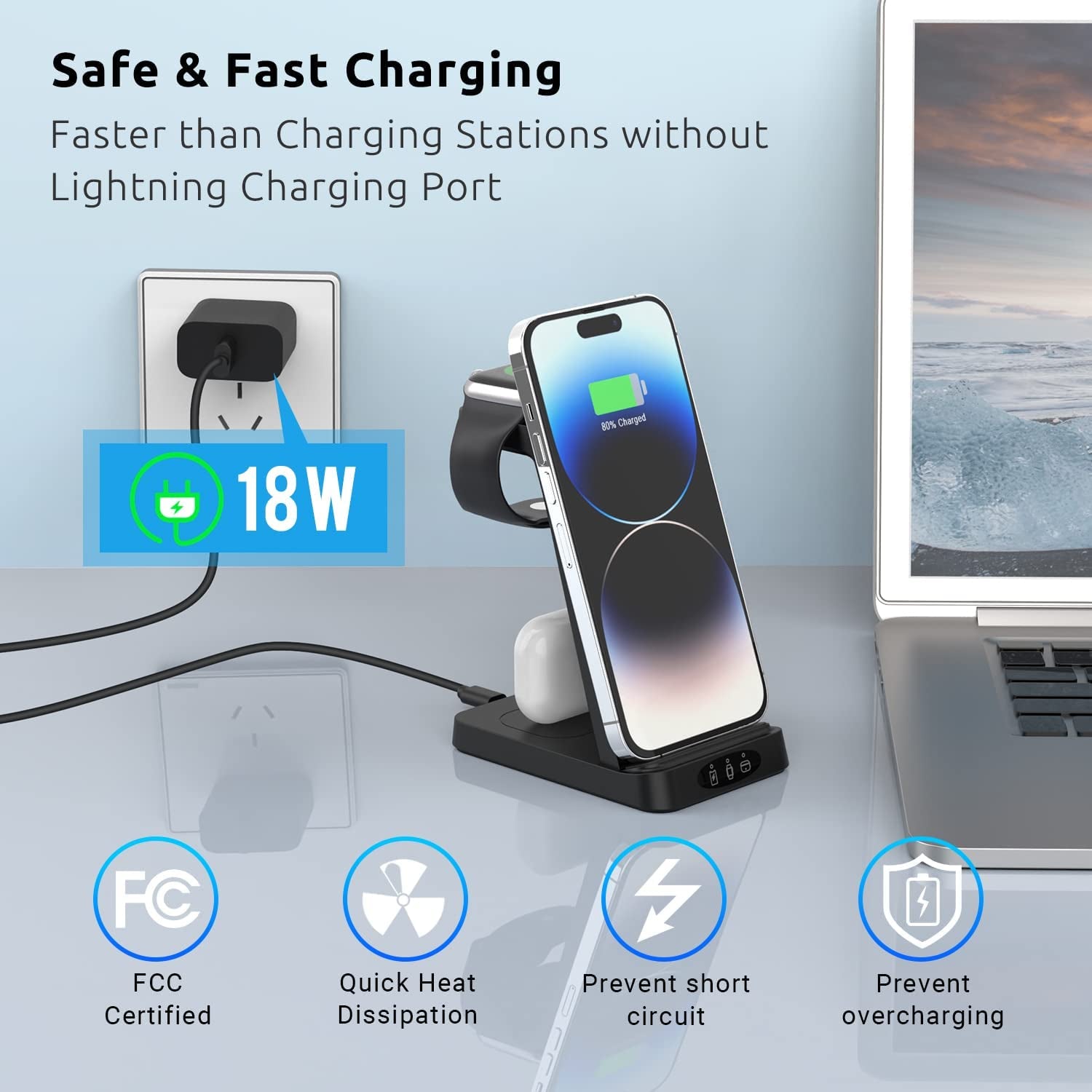 Charger Station for Apple Multiple Devices, 3 in 1 Fast Wireless Charging Dock Stand for Apple Watch 8 7 6 SE 5 4 3 2 Iphone 14 13 12 11 Pro X Max XS XR 8 7 plus 6S 6 Airpods 1 2 3 Pro with Adapter  Shenzhen Midason Technology Co.,Ltd   