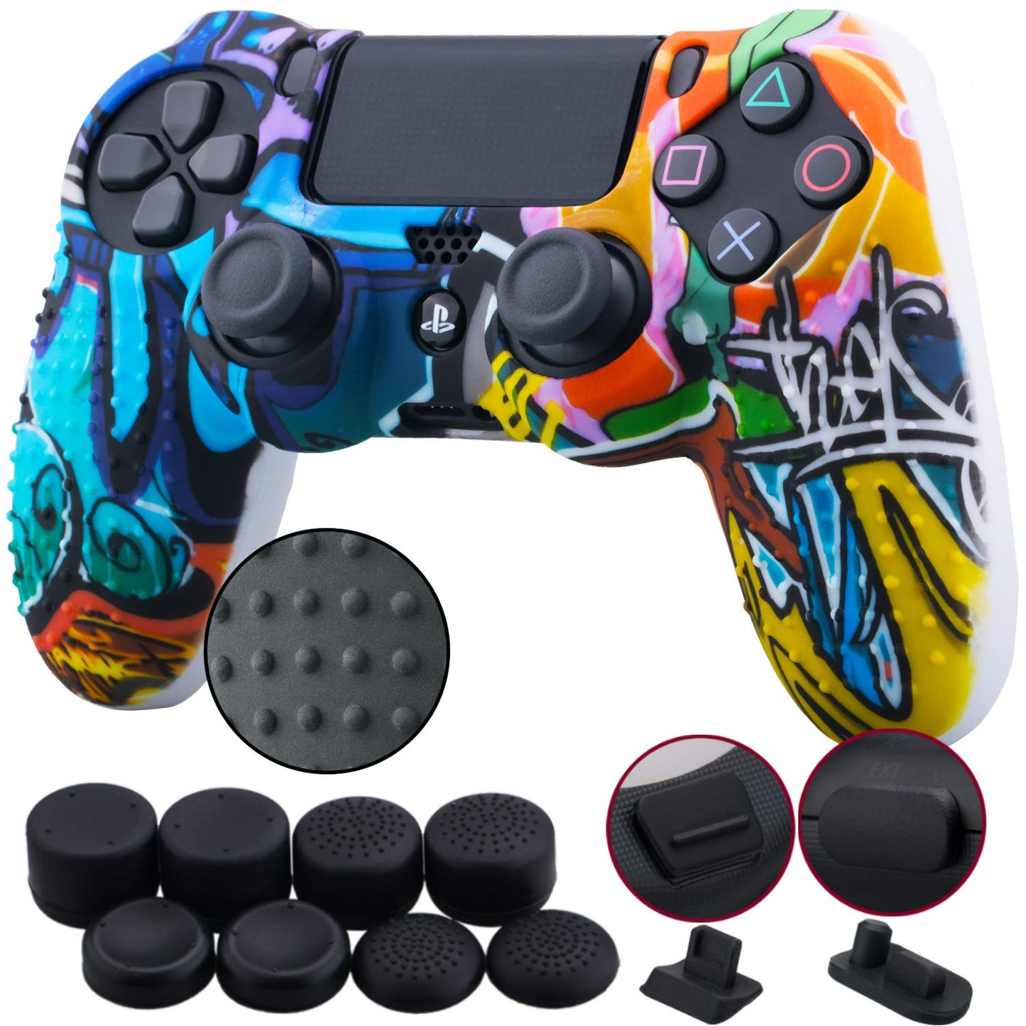 9Cdeer 1 Piece of Silicone Studded Water Transfer Protective Sleeve Case Cover Skin + 8 Thumb Grips Analog Caps + 2 Dust Proof Plugs for Ps4/Slim/Pro Dualshock 4 Controller, Skull Red  9CDeer Graffiti print 