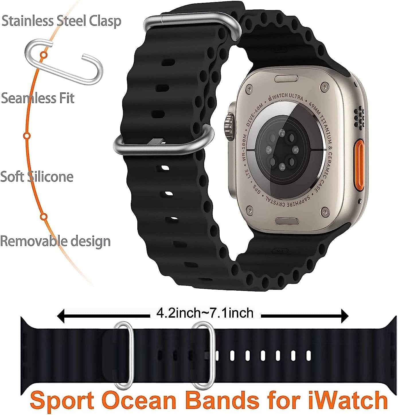 Ocean Band Compatible for Apple Watch Band Adjustable Sports Strap for Apple Watch Series Ultra/8/7/6/5/4/3/2/1/Se Compatible with 42Mm 44Mm 45Mm 49Mm Case Size  Lushan   