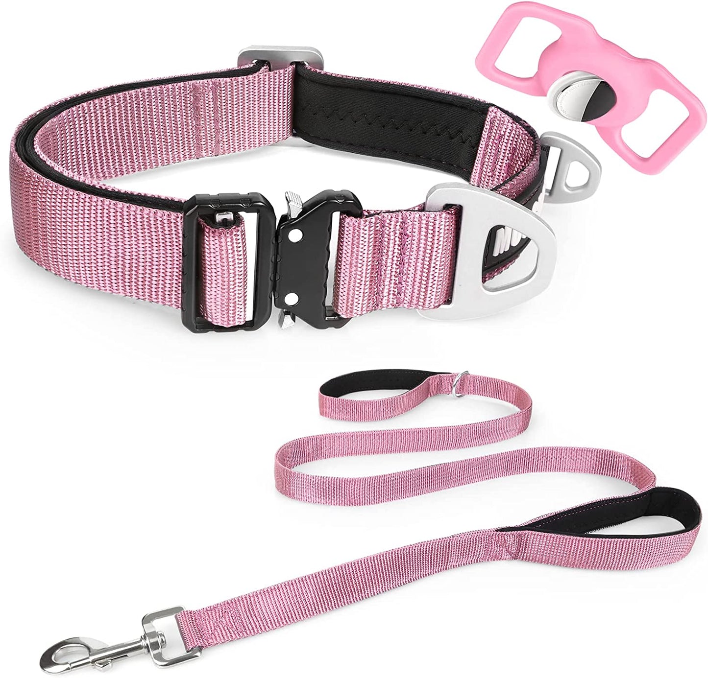 MOOGROU Dog Collar with Airtag Holder,Quick-Release Metal Buckle Heavy Duty Pet Collar for Small Medium Large Dogs,Premium Adjustable Nylon Airtag Dog Collar with Soft Neoprene Padded Comfy Brown 1.2"  MOOGROU Pink-Collar Leash Set Size 1-Width 1" 