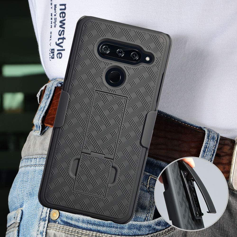 Compatible with LG V40, LG V40 Thinq Rubberized Slim Armor Shell Swivel Hybrid Holster Defender Combo Case with Belt Clip & Kickstand for LG V40 with Tempered Glass Screen  Customerfirst   