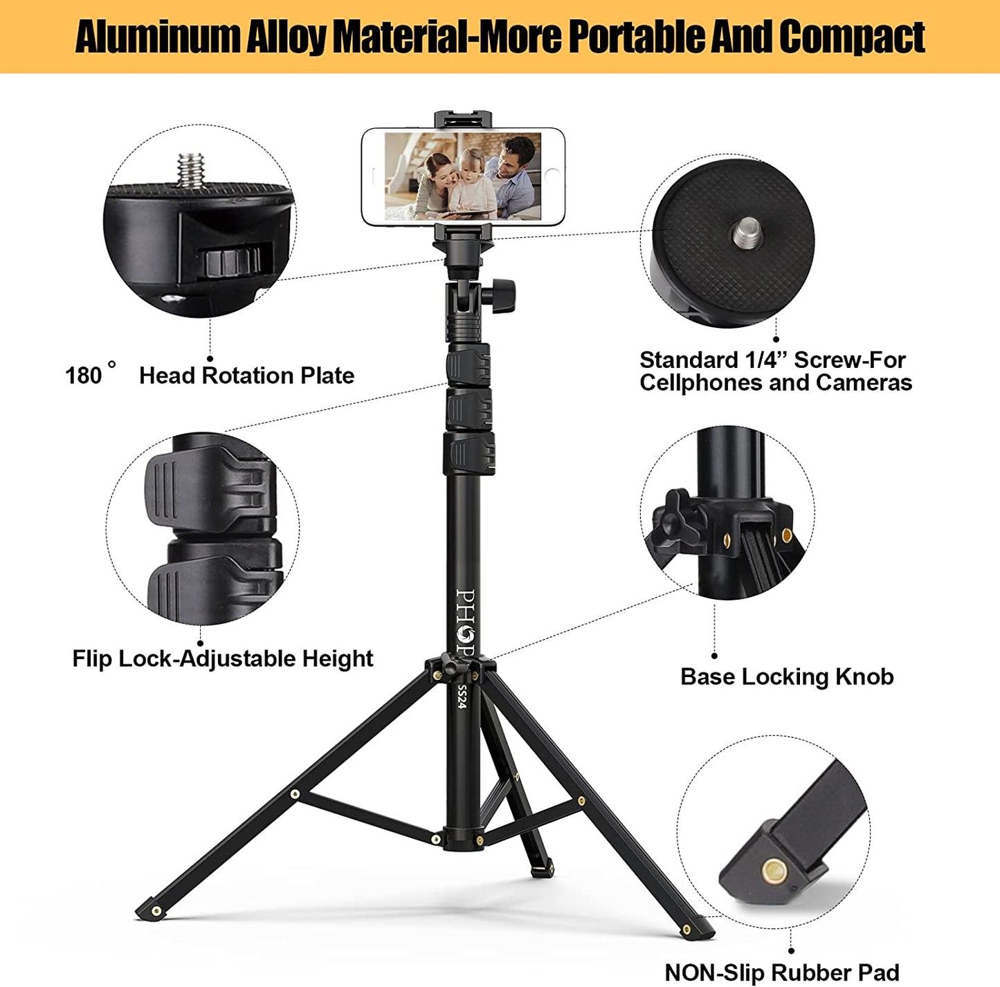 PHOPIK Phone Tripod Stand : Selfie Stick Tripod,Phone Tripod Extendable Camera & Cell Phone Tripod Stand for Iphone & Android Phone, Heavy Duty Aluminum, Lightweight  PHOPIK   