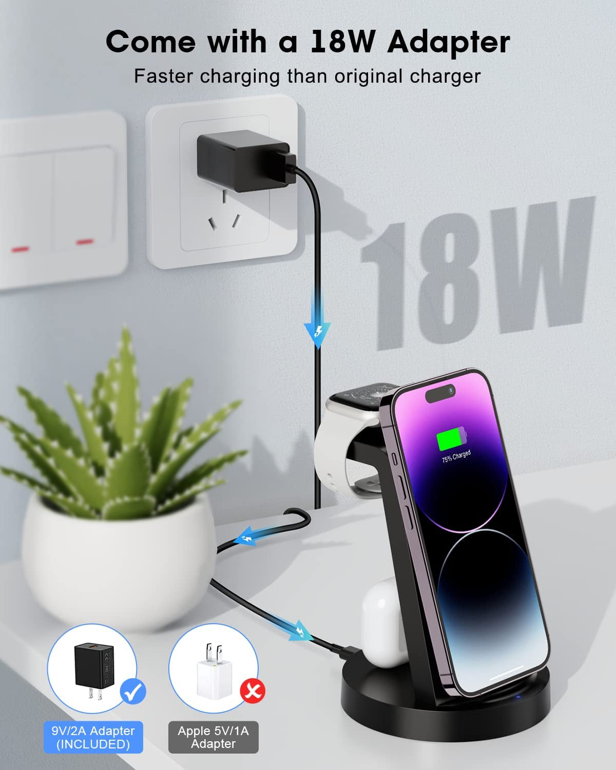 Wireless Charging Station, 3 in 1 Wireless Charger for Iphone 14/13/12/11/Pro/Max/Se/Xs/Xr/X/8 Plus/8, Fast Wireless Charging Stand Dock for Apple Watch Series & Airpods(With Adapter)  shenzhenshijinzhizhuokejiyouxiangongsi   