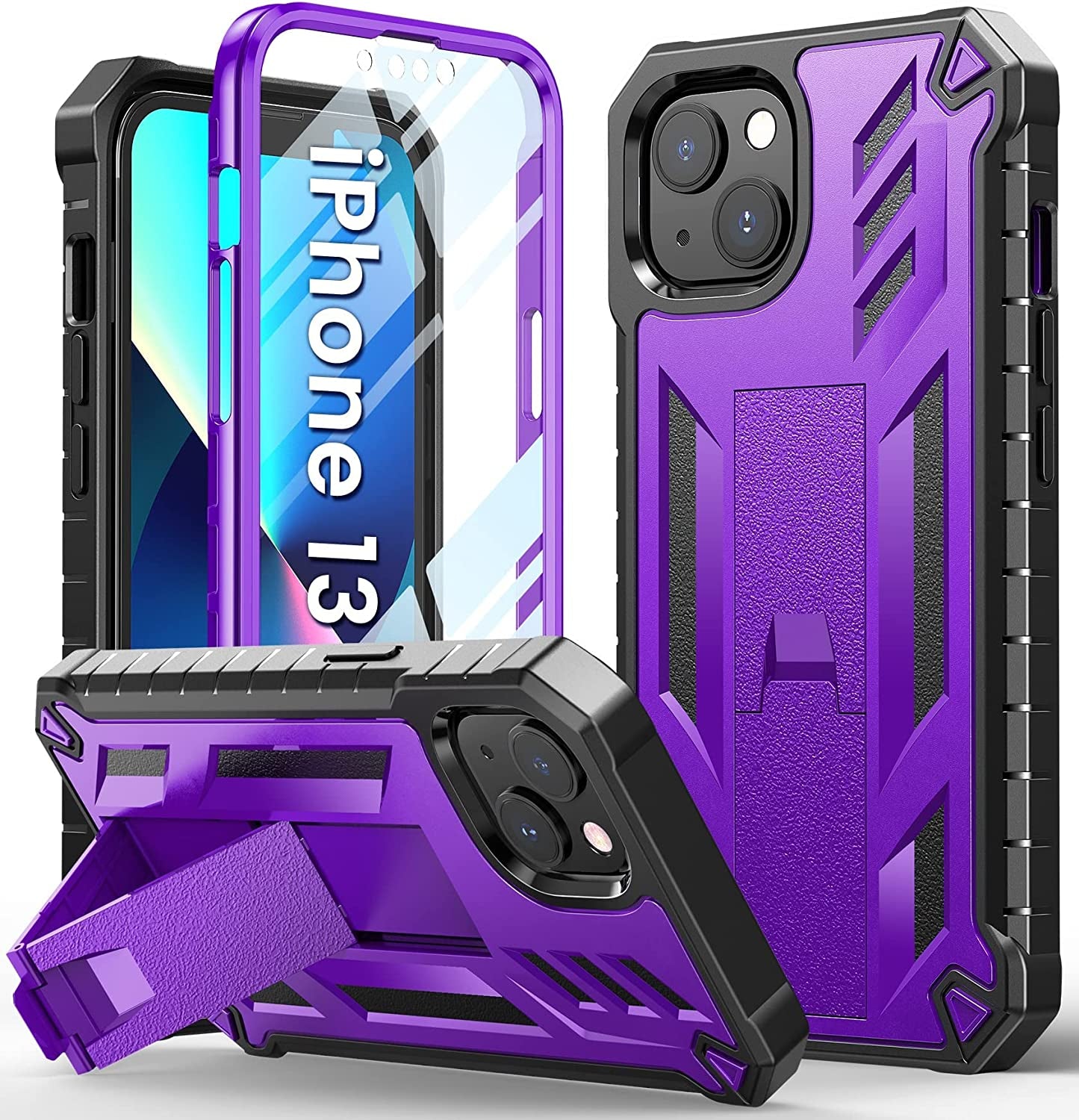 For Iphone 13 Case Protective Cover: Iphone 14 Case Heavy Duty Military Grade Hard Protection Shock Proof Grip | Durable Dual-Layer Design Iphone 13-14 Phone Case with Built-In Kickstand Black  DAMAI Purple  
