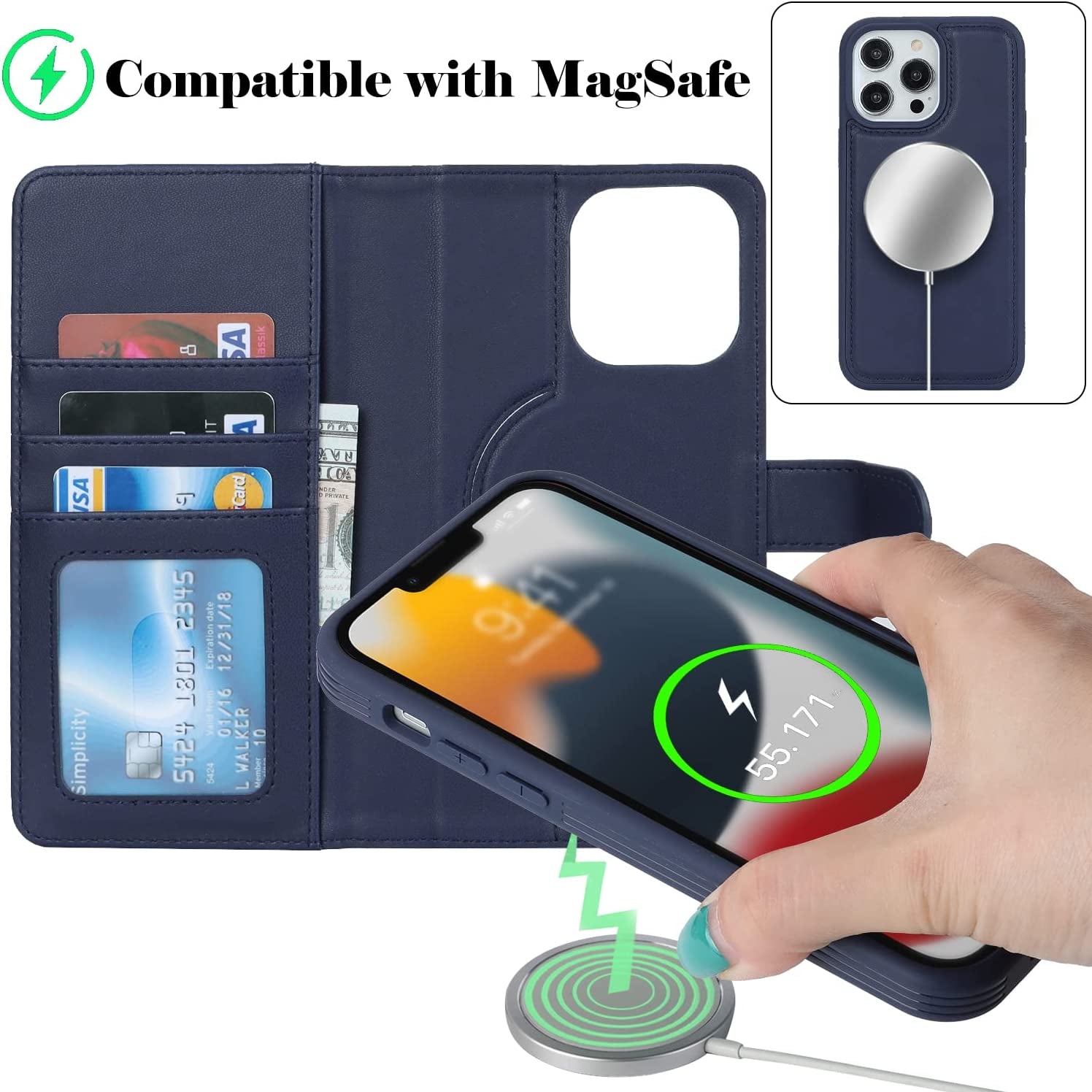 Ｈａｖａｙａ Iphone 13 Pro Max Wallet Case Magsafe,Iphone 12 Pro Max Wallet Case Detachable Magnetic,Iphone 13 Pro Max Phone Case Wallet with Card Holder for Women,Flip Magnetica Cover for Men-Blue  Ｈａｖａｙａ   