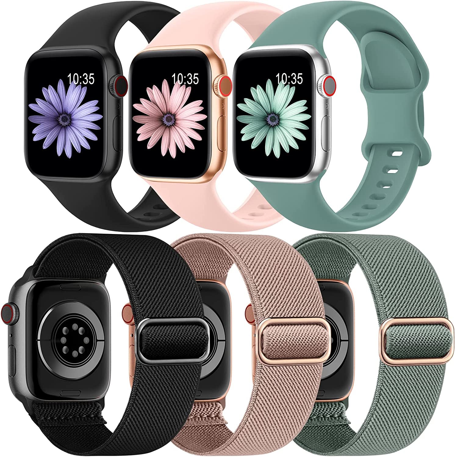 6 Pack Bands Compatible with Apple Watch Band 38Mm 40Mm 41Mm 42Mm 44Mm 45Mm 49Mm-3Pack Soft Silicone Strap, 3Pack Elastic Sport Wristbands for Iwatch Series Ultra 8 7 6 5 4 3 2 1 SE Women Men  iFuntec Color Combination 1 38/40/41mm 