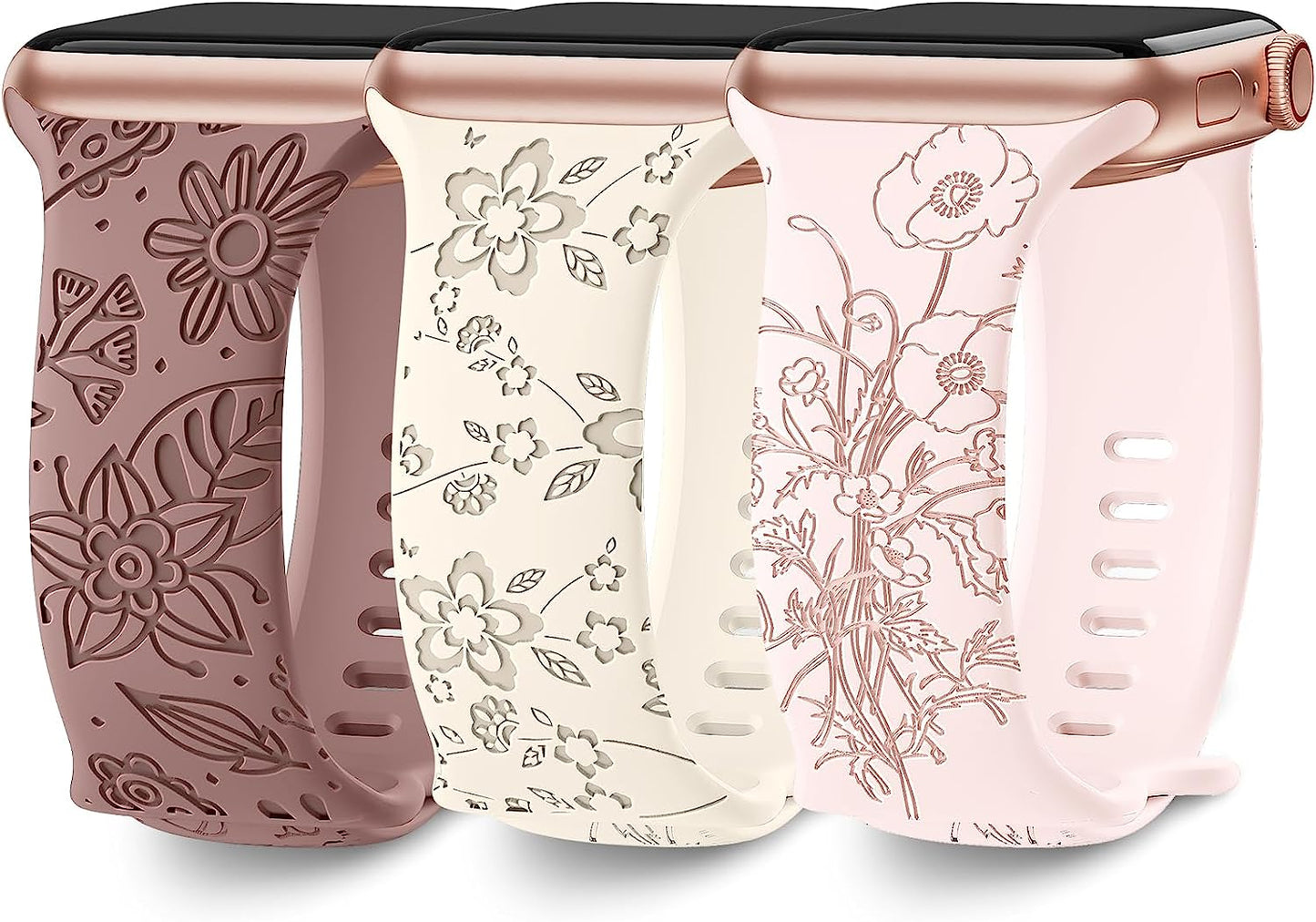 3 Pack Floral Engraved Bands Compatible with Apple Watch Band 40Mm 41Mm 38Mm 42Mm 44Mm 45Mm 49Mm Women,Soft Silicone Cute Wildflowers Sport Laser Strap for Iwatch Bands Series Ultra SE 8 6 5 4 3 2 1  AMSKY Violet Smoke/Starlight/Pink Sand 42/44/45/49 mm 