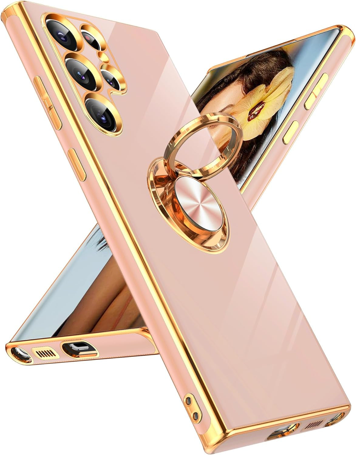 Leyi for Samsung Galaxy S22 plus Case 360° Rotatable Ring Holder Magnetic Kickstand, Plating Rose Gold Edge Protective Galaxy S22 Plus/ S22+ Case, Black  LeYi Pink Samsung Galaxy S22 Ultra 