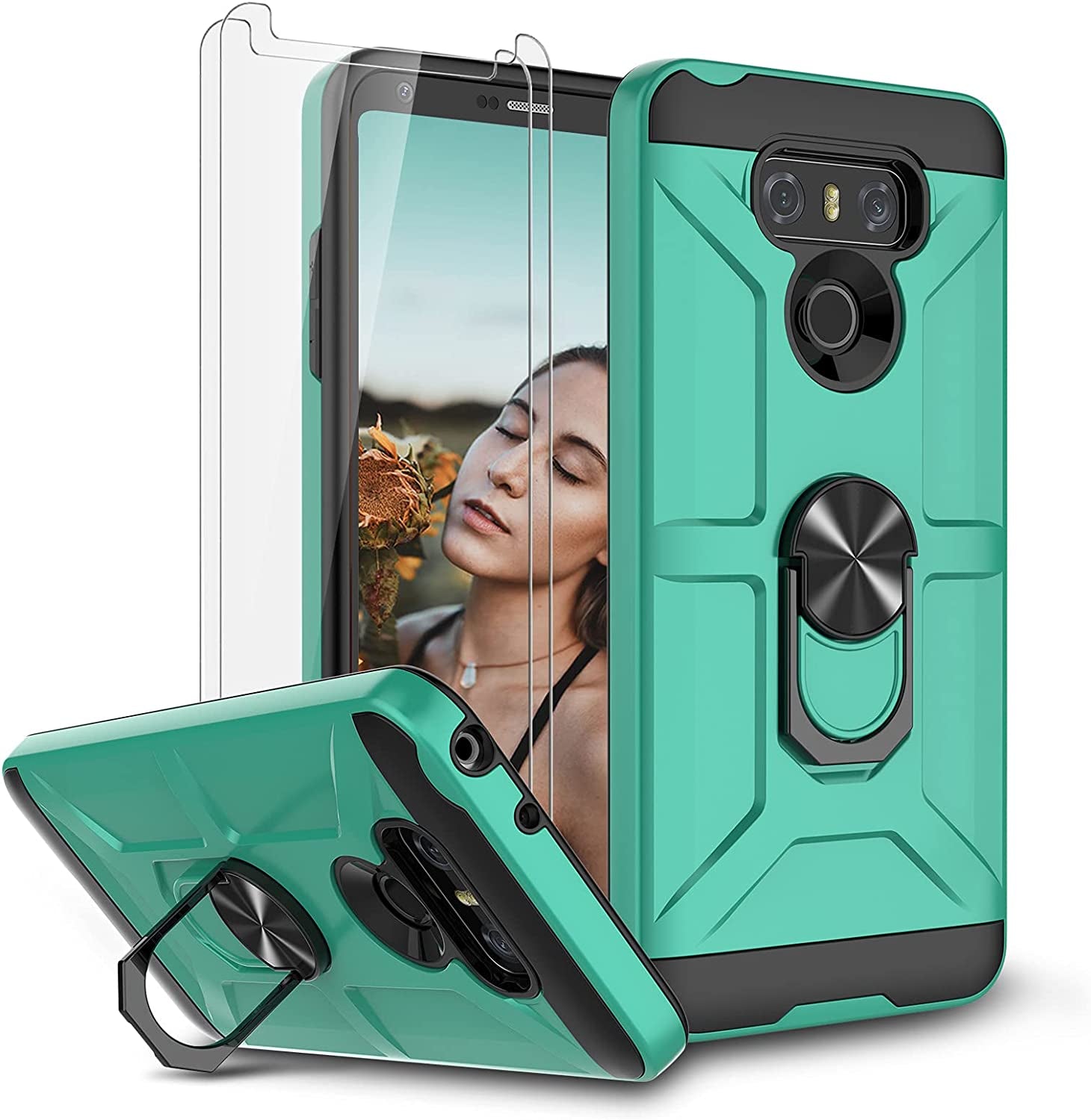 Jeylly Case for LG G6 with Tempered Glass Screen Protector, 360 Rotating Ring Kickstand Holder [Work with Magnetic Car Mount] Armor Defender Shockproof Case for LG G6 2017,Midnight Green  Jeylly Mint  