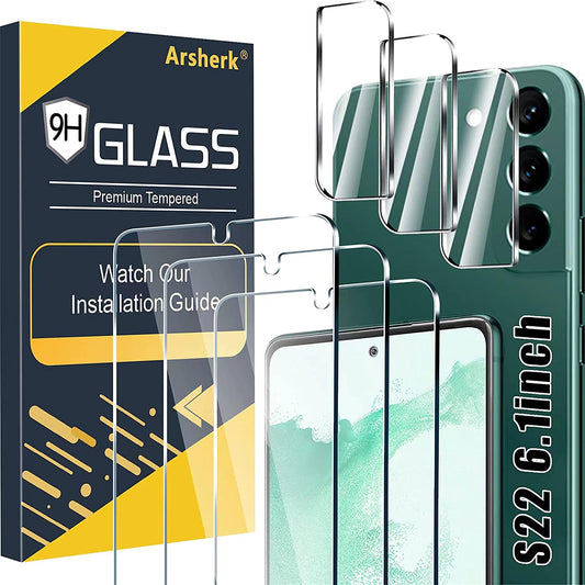 Arshek [3+3 Pack] Glass Screen Protector for Samsung Galaxy S22 5G, 9H Tempered Glass, Ultrasonic Fingerprint Compatible, HD Clear, Case Friendly for Galaxy S22 Glass Screen Protector  Arshek   