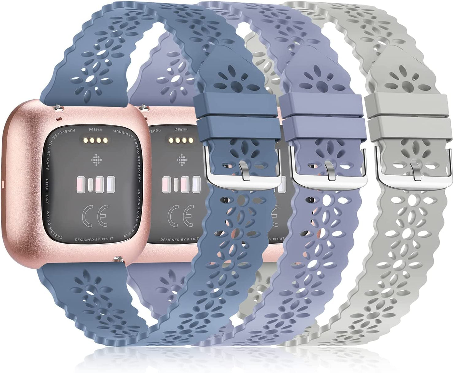 YAXIN 3 Pack Slim Sport Bands Compatible with Fitbit Versa/ Versa 2/ Versa Lite Band for Women,Soft Silicone Lace Replacement Wristbands for Smart Watch,Black/White/Pink Sand  YAXIN G-alaskan blue/gray/lavender gray  