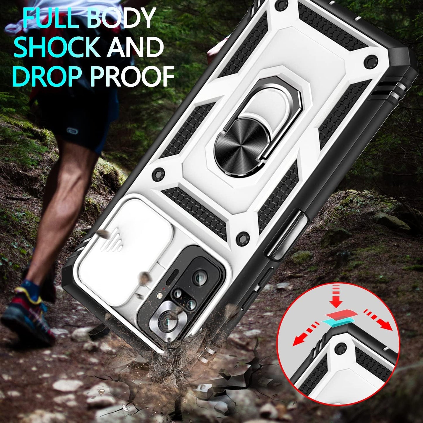 Xiaomi Redmi Note 10 Pro Case, Redmi Note 10 Pro MAX Case with 3 Pcs Tempered Glass Screen Protector Built in Ring Stand Kickstand + Camera Cover, Hard PC Soft TPU Defender Full Body Armor Case -White  ANOUKE   