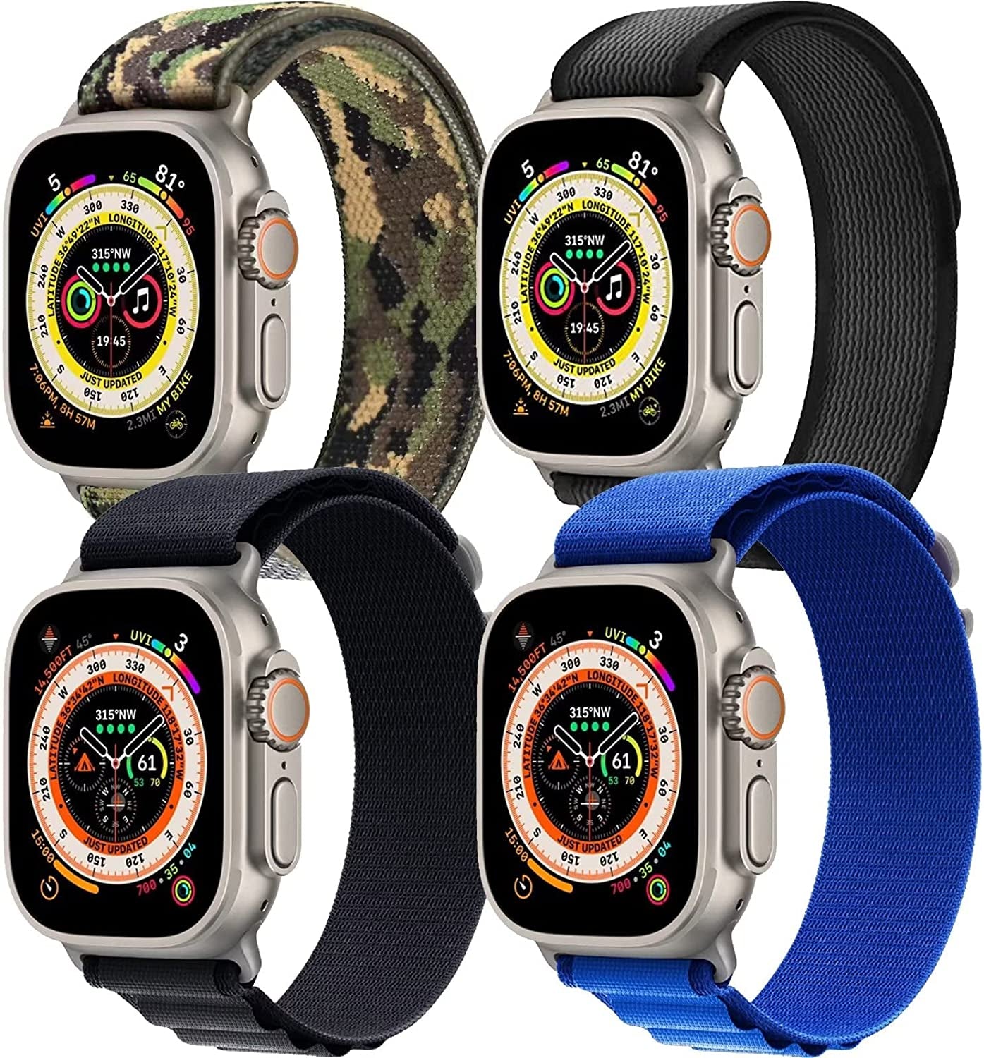 4 Pack Alpine Trail Loop Compatible with Apple Watch Band 38Mm 40Mm 41Mm 42Mm 44Mm 45Mm 49Mm Replacement Women Mens, Nylon Solo Sport Braided G-Hook Slides Strap for Iwatch Ultra Series SE 8/7/6/5/4/3  Rqhhzvt 4Pack-Alpine Blue+Alpine SpaceGray+Trail BBlack+Trail CAMO 42mm/44mm/45mm/49mm 