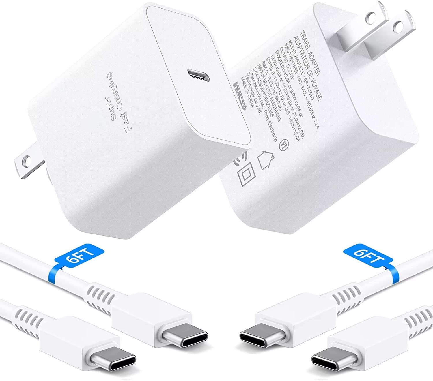45W Super Fast Charging USB Type C Wall Charger Block for Samsung Galaxy S23 Ultra/S23/S23+/S22 Ultra/S22+/S22/Note 10/Note 20/S20/S21/S10, Galaxy Tab S7/S8 Ultra, Galaxy A, PPS Charger & 6Ft C Cable  BOVICAS White(2-Pack) 6ft 