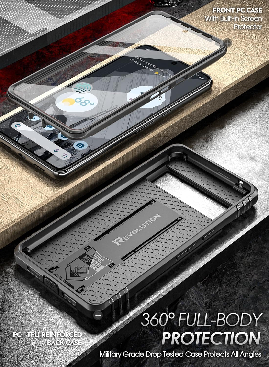 Poetic Revolution Case for Google Pixel 8 Pro 5G 6.7 Inch, Built-In Screen Protector Work with Fingerprint ID, Full Body Rugged Shockproof Protective Cover Case with Kickstand, Black  Poetic   