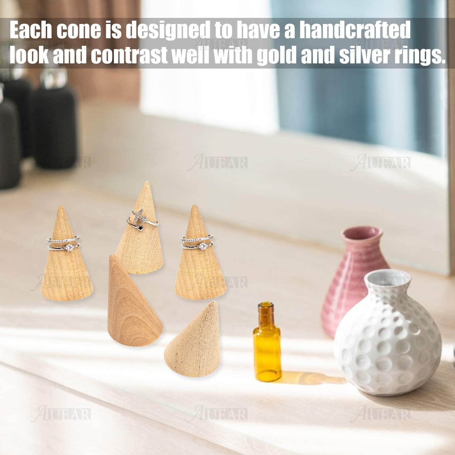 AUEAR, 10 Pack Small Natural Wooden Cone Ring Holder Finger Wood Jewelry Ring Display Stand Organizer DIY Craft (Tilted Shaped)  AUEAR   