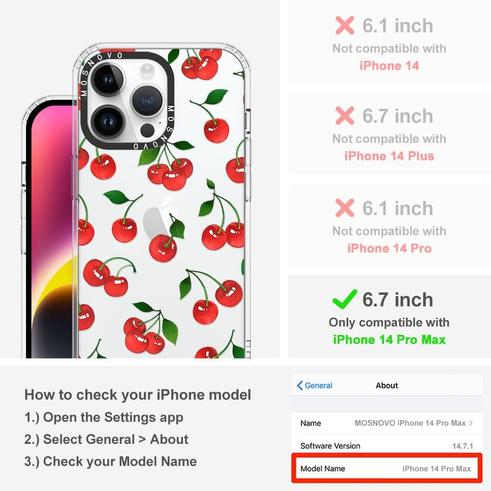 MOSNOVO Compatible with Iphone 14 Pro Max Case, [Buffertech 6.6 Ft Drop Impact] [Anti Peel off Tech] Clear TPU Bumper Women Girl Phone Case Cover with Cute Cherry Designed for Iphone 14 Pro Max 6.7"  MOSNOVO   