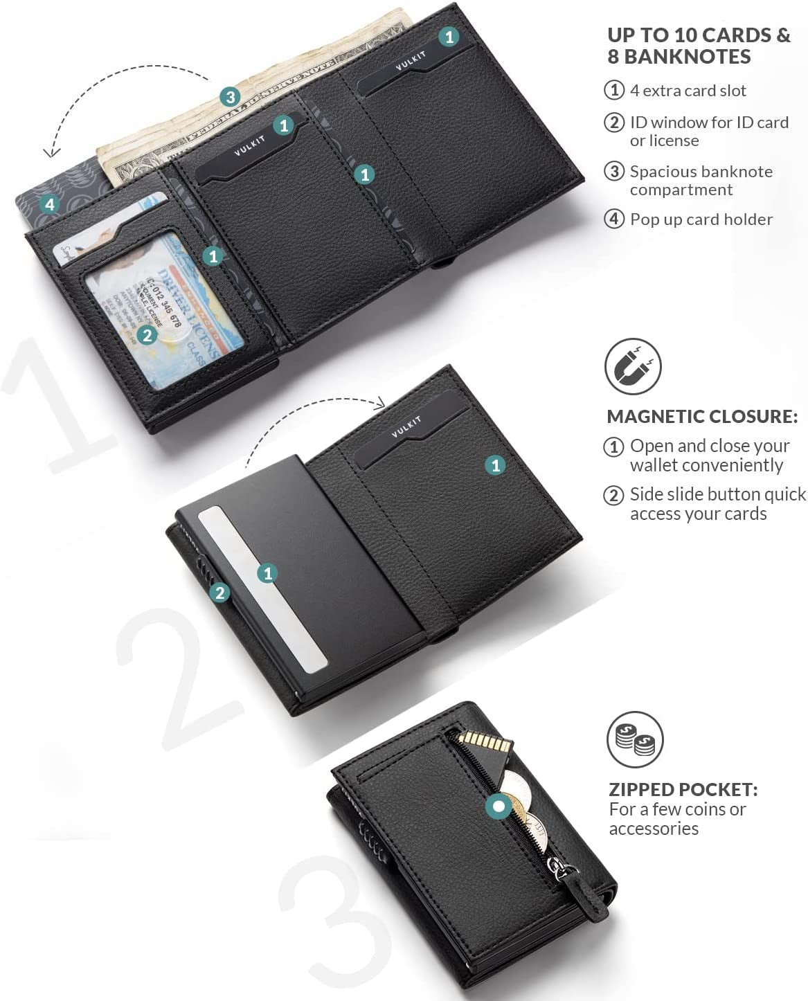 VULKIT Card Holder Wallet with Coin Pocket Magnetic Closure Pop up Cards with ID Window Leather Wallet for Cash & Credit Cards  VULKIT   