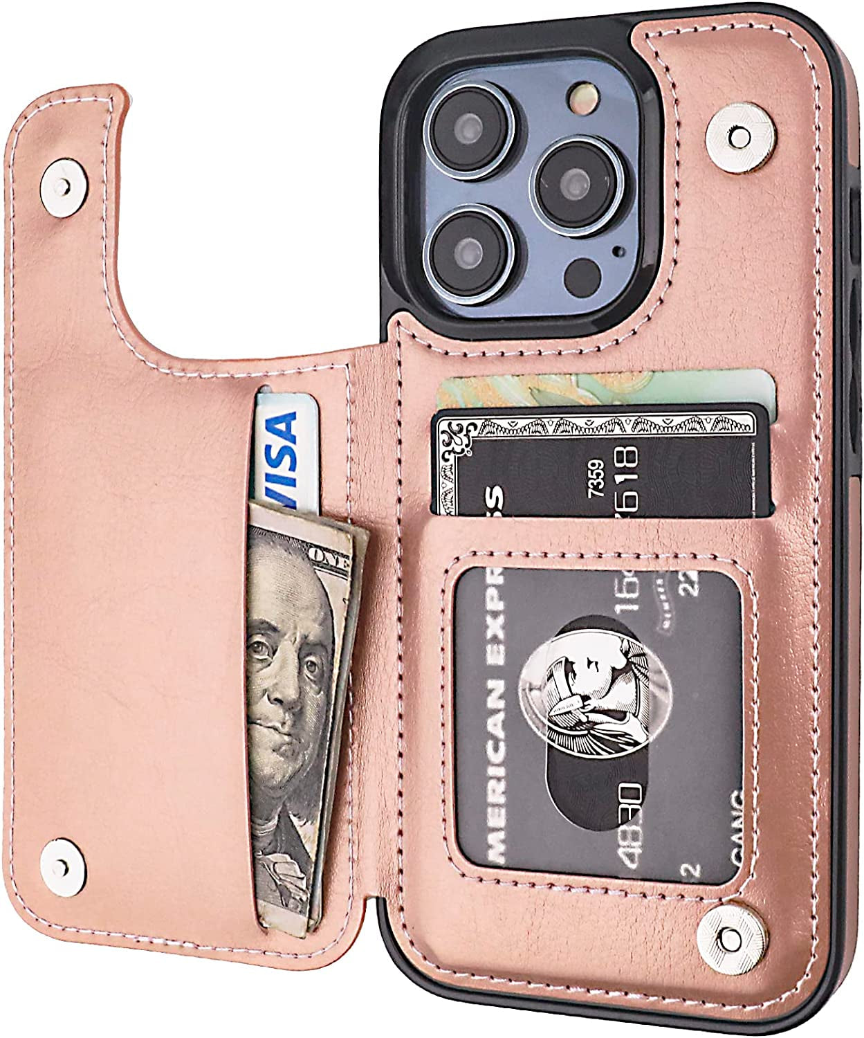 Onetop Compatible with Iphone 14 Pro Wallet Case with Card Holder, PU Leather Kickstand Card Slots Case, Double Magnetic Clasp and Durable Shockproof Cover 6.1 Inch (Brown)  Onetop Rose Gold  