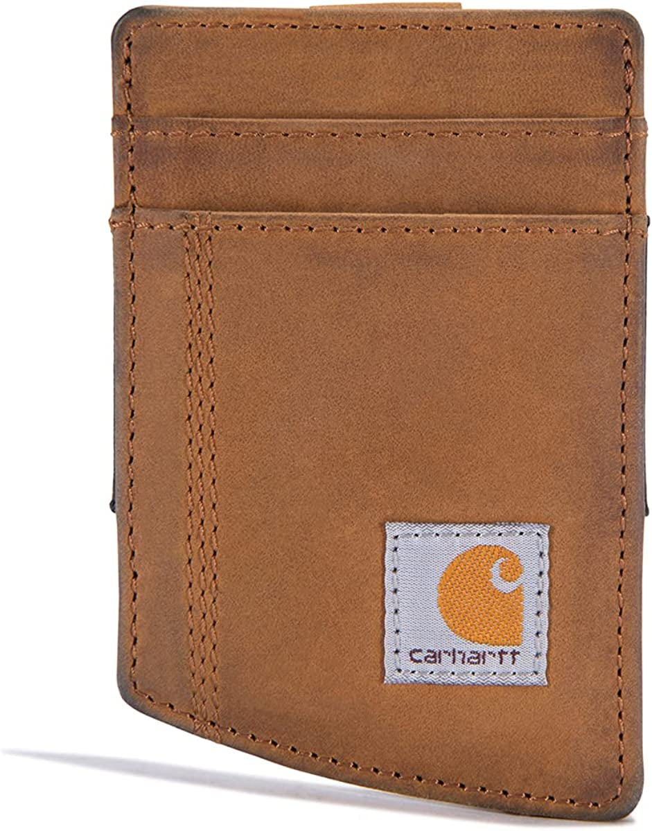 Carhartt Front Pocket Wallets, Durable Canvas or Leather Wallet with & without Money Clip  Carhartt Saddle Leather (Brown)  