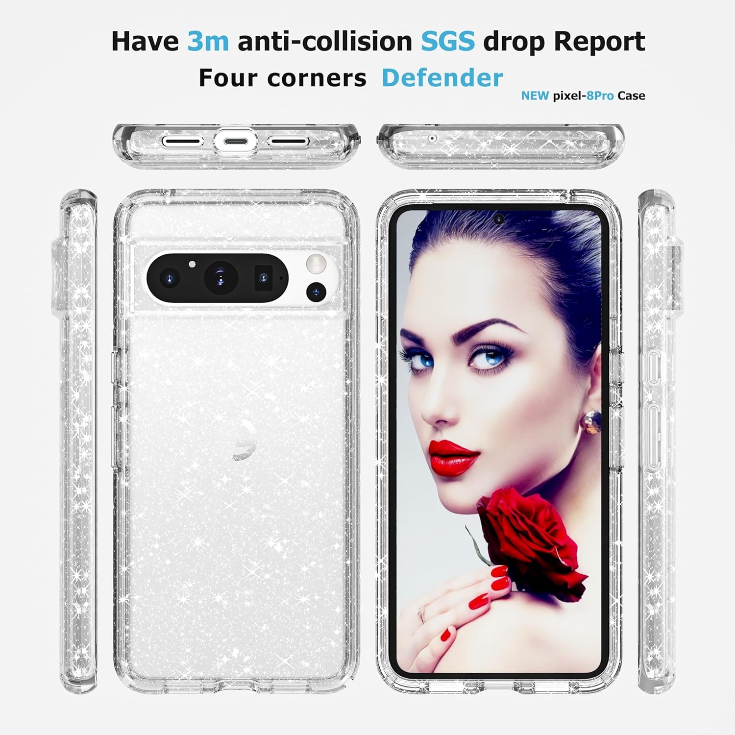 WATACHE for for Google Pixel 8 Pro Case, Cute Phone Case Shockproof Protective Bumper Slim Case for Pixel 8 Pro Case, Clear Glitter  WATACHE   