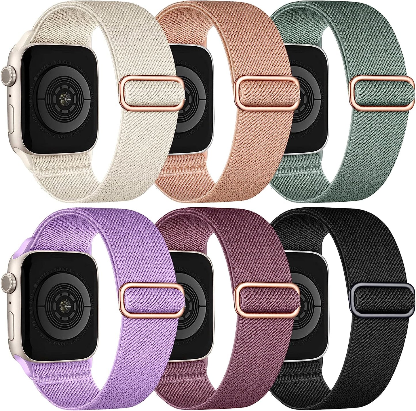WJK Stretchy Nylon Solo Loop Bands Compatible with Apple Watch 38Mm 40Mm 41Mm 42Mm 44Mm 45Mm 49Mm for Women Men, Adjustable Braided Sport Elastic Wristbands for Iwatch Ultra SE Series 8 7 6 5 4 3 2 1, 6 Packs  WJK Black/Smoke Purple/Cactus/Starlight/Milk Tea/Lilac 38mm/40mm/41mm 
