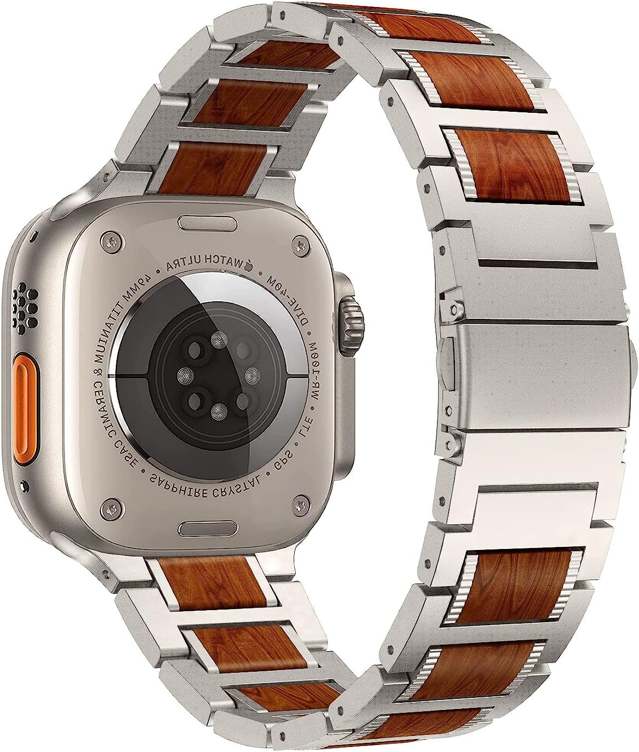 LDFAS Compatible for Apple Watch Band 49Mm, Natural Wood Red Sandalwood Stainless Steel Metal Strap Compatible for Iwatch/Apple Watch Ultra/Se, Apple Watch Series 8/7 45Mm 44Mm Bands,Silver Gray  LDFAS   