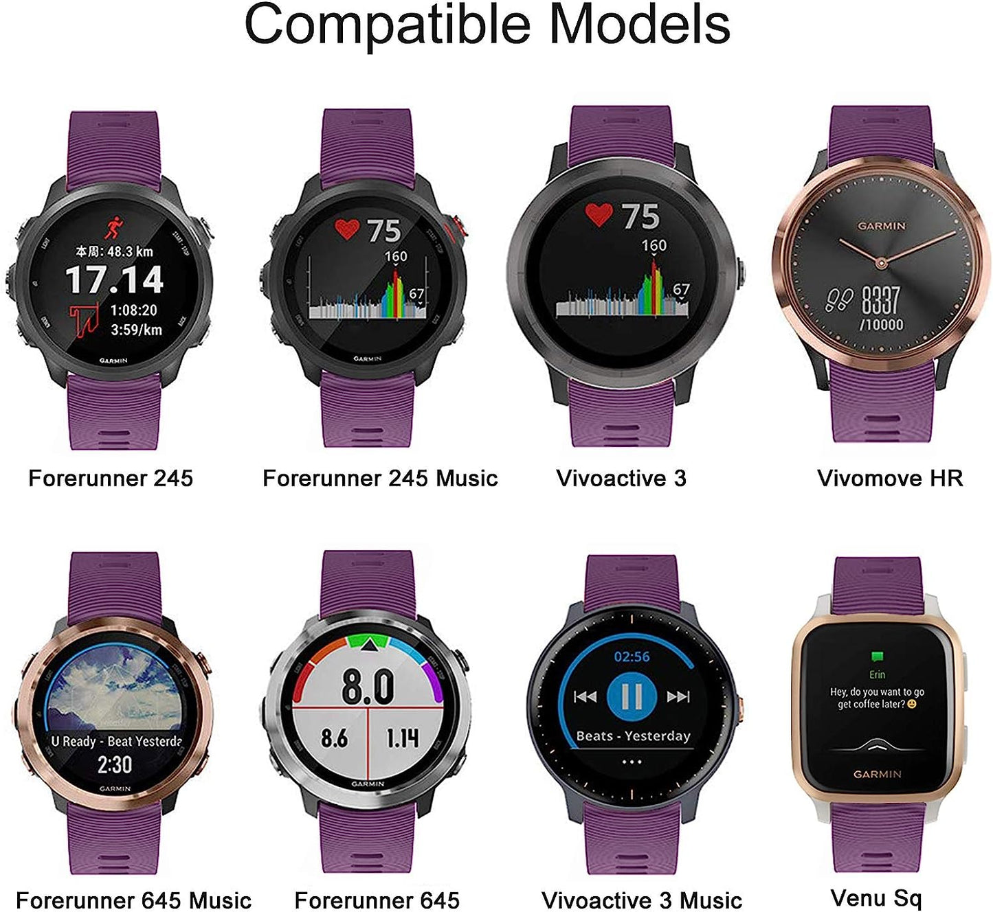 ISABAKE Watch Band for Garmin Forerunner 245 / 245 Music/ Forerunner 645 / 645 Music,Compatible with Garmin Vivoactive 3 /Venu Sq/Vivomove Hr，20Mm Soft Silicone Replacement Wristbands (Purple)  ISABAKE   