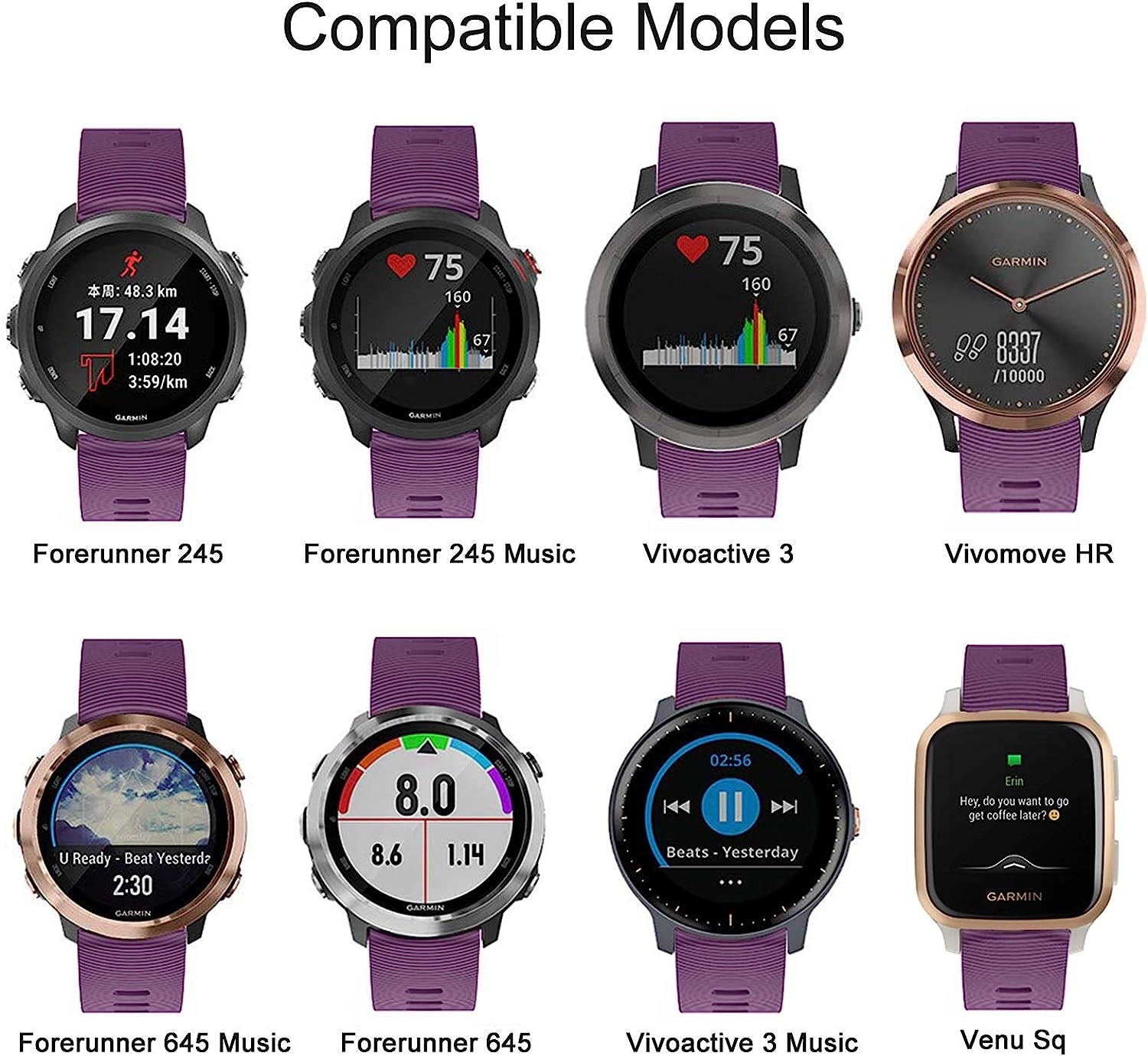 ISABAKE Watch Band for Garmin Forerunner 245 / 245 Music/ Forerunner 645 / 645 Music,Compatible with Garmin Vivoactive 3 /Venu Sq/Vivomove Hr，20Mm Soft Silicone Replacement Wristbands (Purple)  ISABAKE   