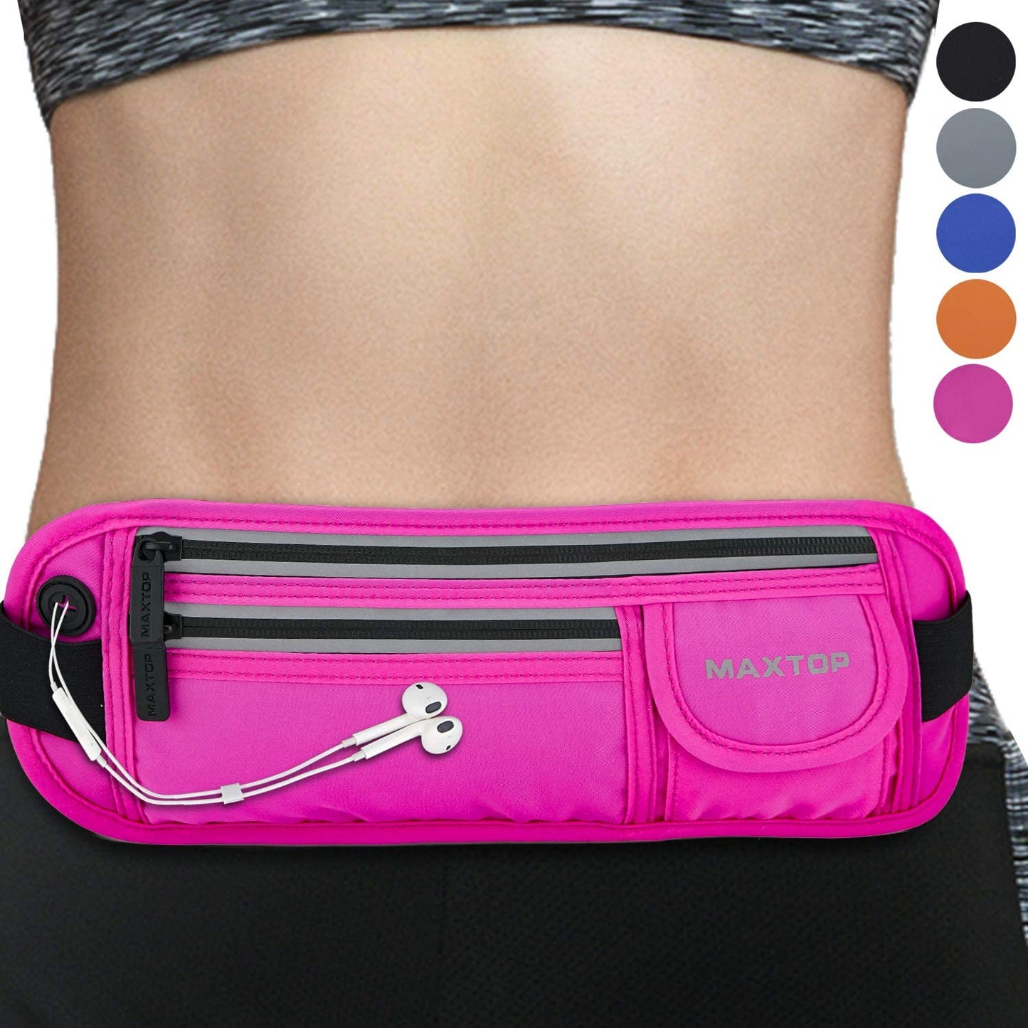 【2 Packs Family Share Bundle】Fanny Packs for Women Men Running Belt Waist Pack Bag for Workout Gym Exercise Walking Hiking Belt Bag Waist Pouch Fits Iphone Cell Phone Holder for Travel Money Belt  MAXTOP Rose Red Running Travel Belt 